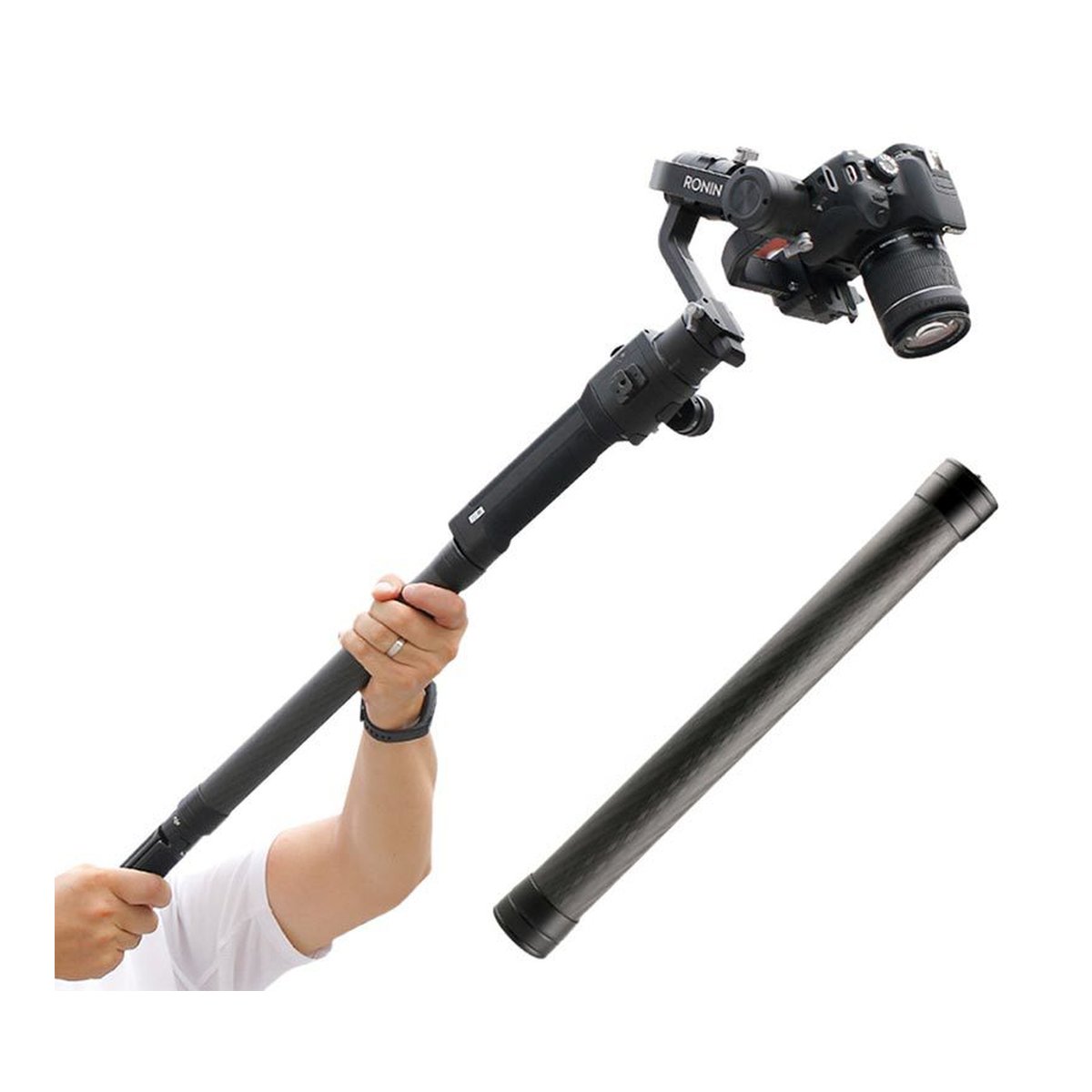 Caruba Carbon-Faser Erweiterungsstick für Ronin S - Anwendungsbeispiel: Ronin Verlängerungsstange mit Gimbal in Benutzung und Transportrohr.