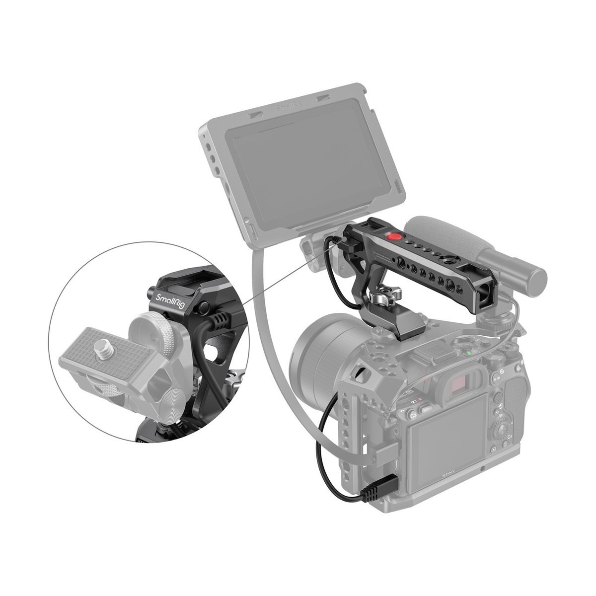 SmallRig 3322 Nato Top Handle with Record Start/Stop Remote Trigger - Anwendungsbeispiel des SmallRig Kamera-Rigs mit Detailansicht der Schnellwechselplatte.