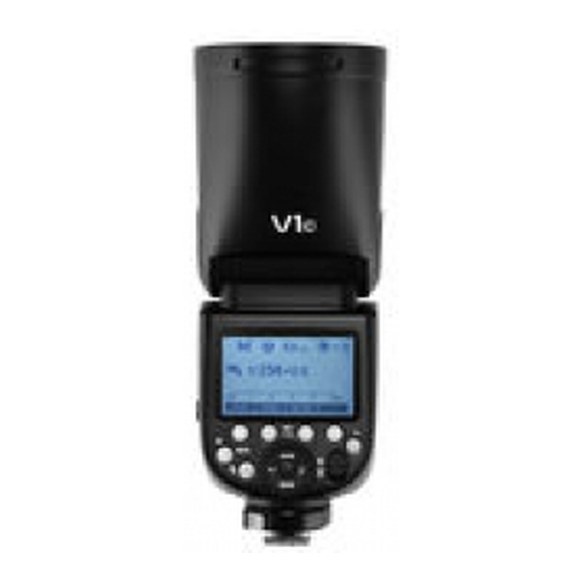 Godox Speedlite V1 Sony Accessories Kit - V1e Blitzgerät Frontansicht mit beleuchtetem Display und Bedienelementen.
