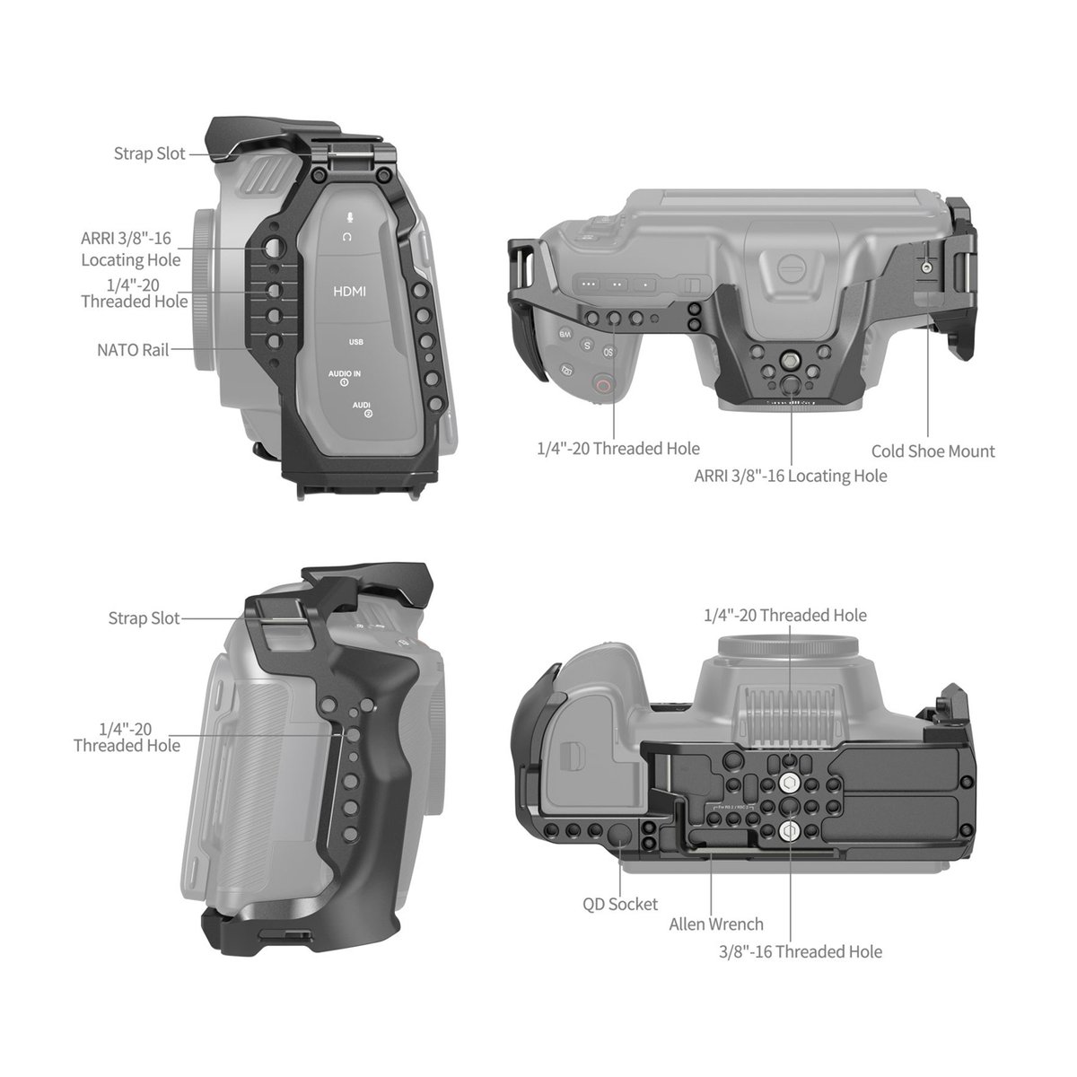 SmallRig 4785 Camera Cage f. BMCC 6K (Vollformat) - Vier Ansichten des Kameracages mit beschrifteten Anschlüssen und Befestigungspunkten.