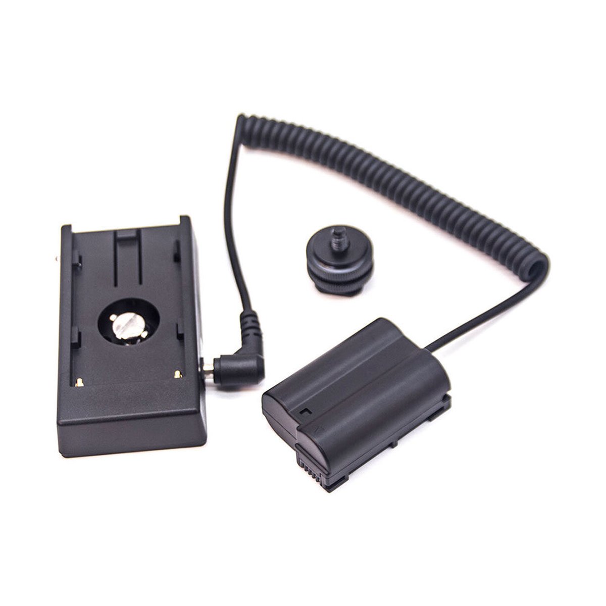 Caruba Nikon EN-EL15 Volldekodierung Dummy-Batterie +F970 Batteriezwickel (Federkabel) - Lieferumfang: Batterieadapterplatte mit Kabel, Dummy-Akku und kleiner Gewindeadapter.