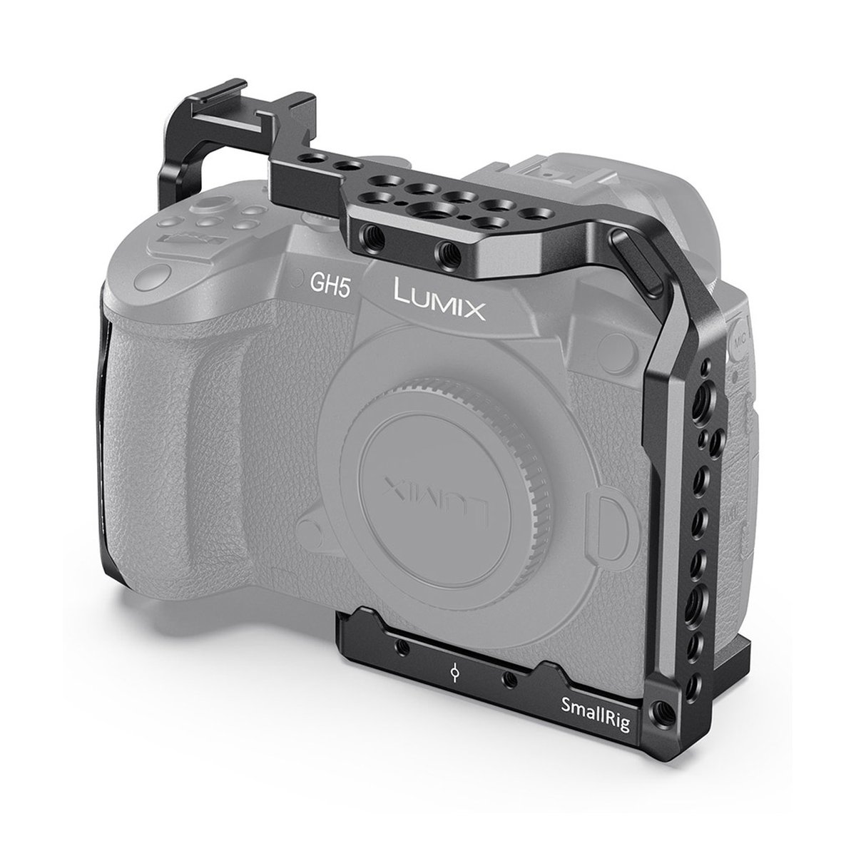 SmallRig 2646 Cage für Panasonic GH5 und GH5S - Anwendungsbeispiel: SmallRig Kamera-Cage montiert an Lumix GH5 Kamera, Schrägansicht. SmallRig 2646 Cage für Panasonic GH5 und GH5S - Anwendungsbeispiel: SmallRig Kamera-Cage montiert an Lumix GH5 Kamera, Schrägansicht.