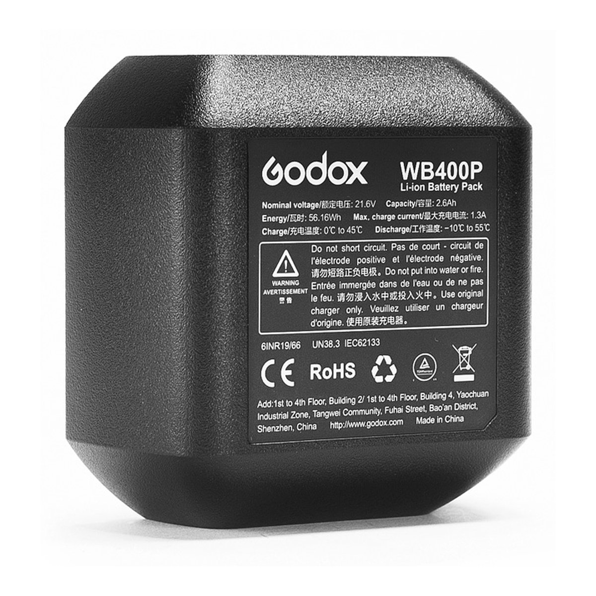 Godox Witstro AD400 Pro - Detailansicht: Godox WB400P Li-ion Akku mit Produktetikett und technischen Daten.