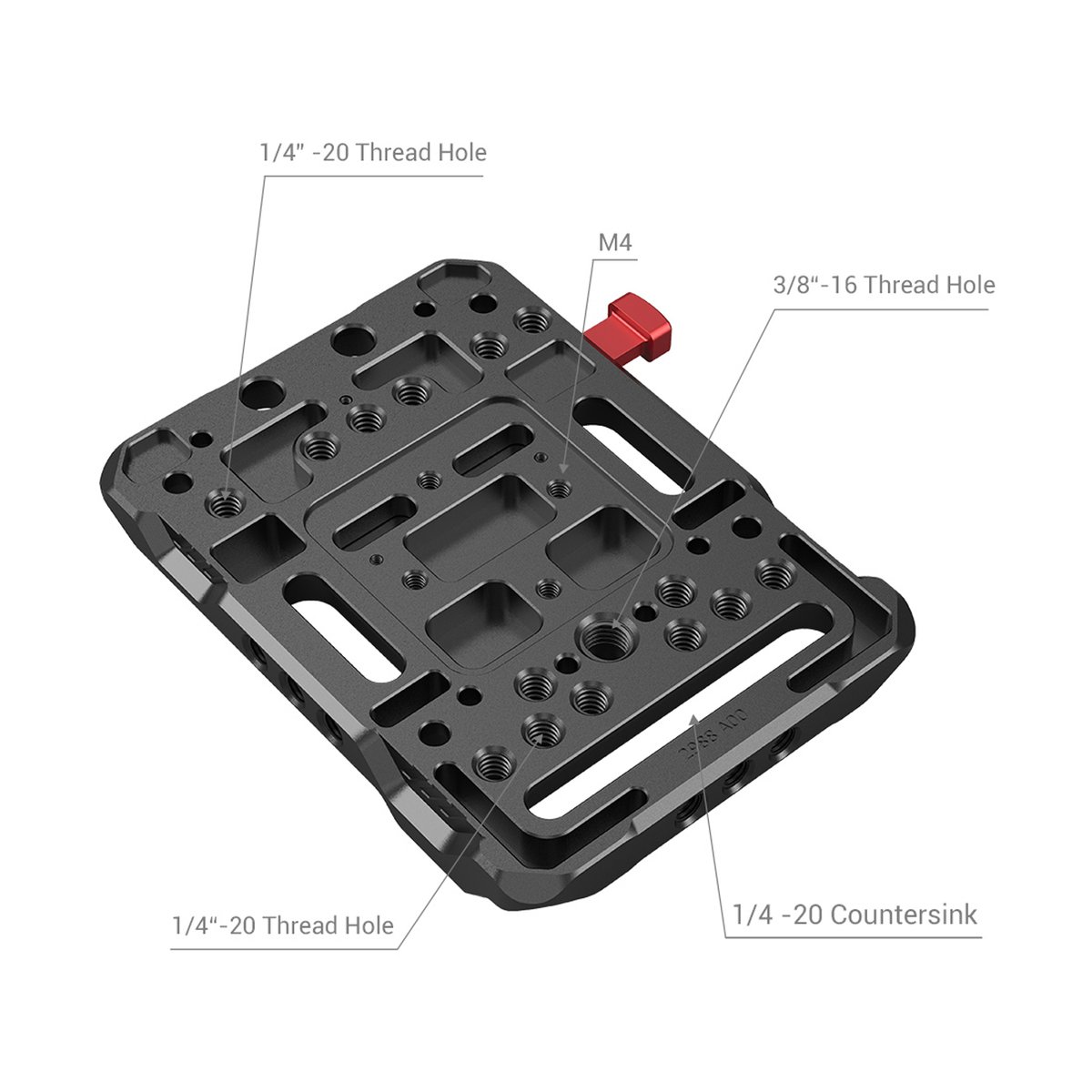 SmallRig 2988 V-Mount-Akku-Adapterplatte - Detailansicht der Montageplatte mit beschrifteten Gewindelöchern und Senkbohrung. SmallRig 2988 V-Mount-Akku-Adapterplatte - Detailansicht der Montageplatte mit beschrifteten Gewindelöchern und Senkbohrung.