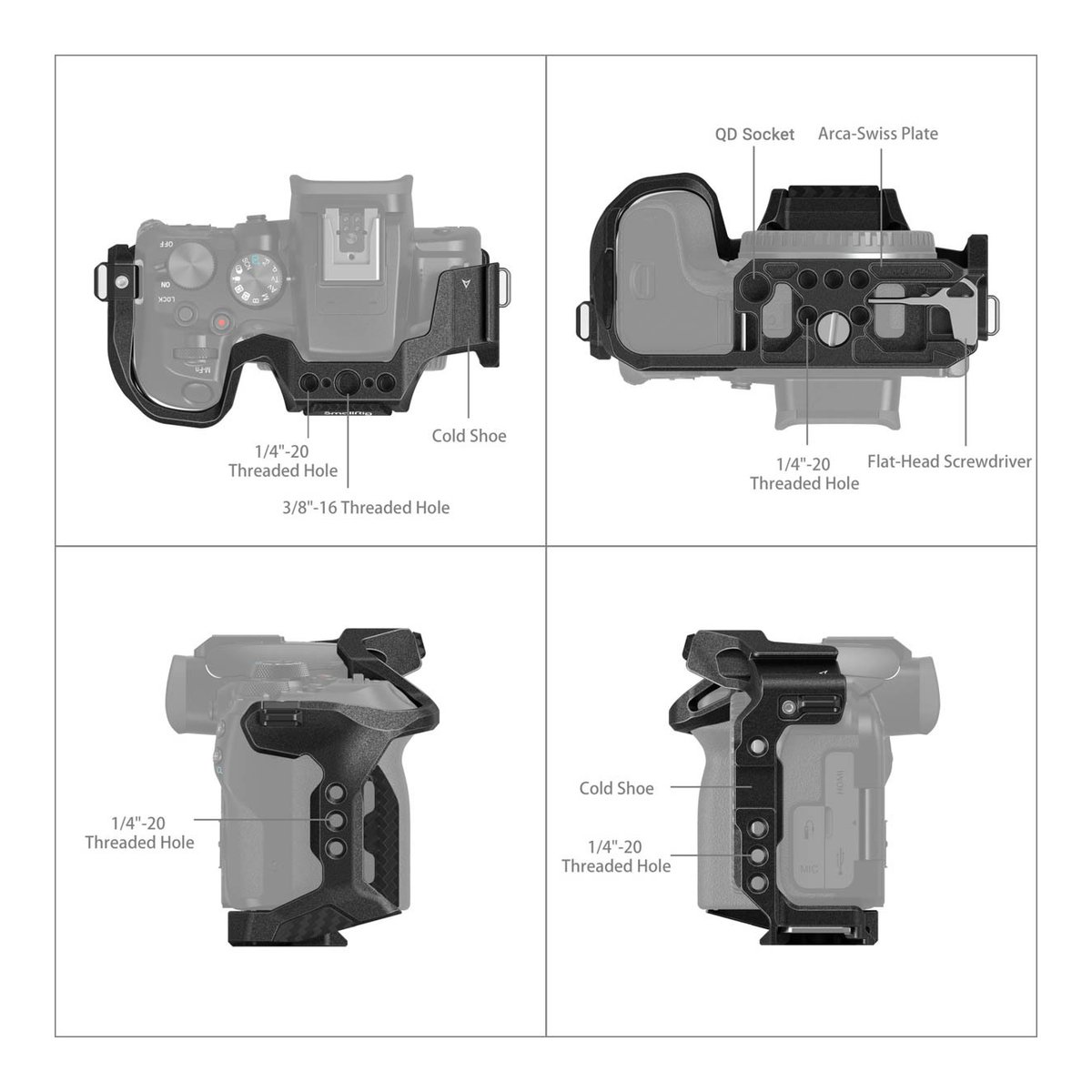 SmallRig 4004 Black Mamba Cage für Canon EOS R10 - Technische Detailansicht des Kamera-Cages mit Funktionen und Anschlüssen