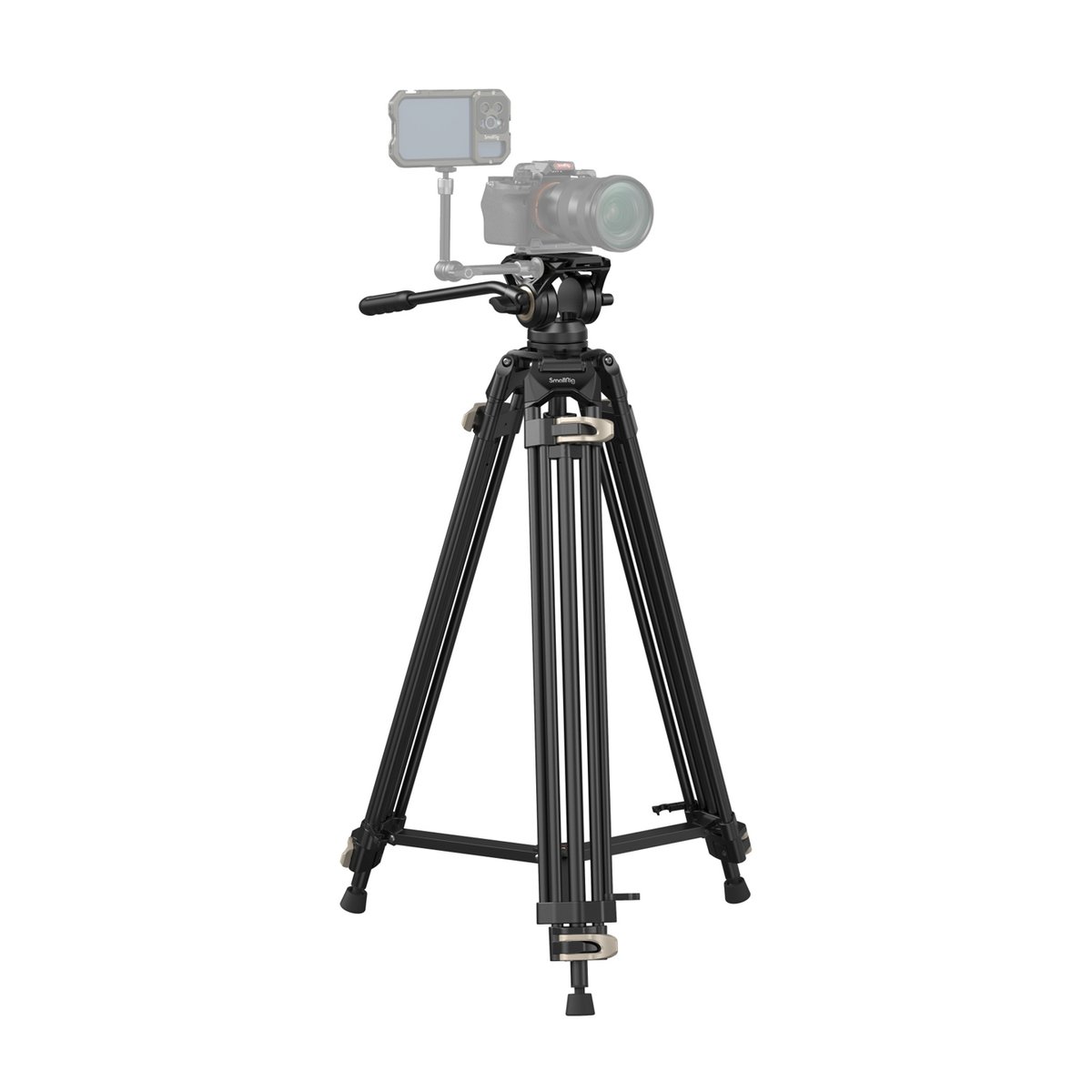 SmallRig 3751B Heavy-Duty Fluidkopf Stativ AD-01 - Schwarzes Videostativ mit Kamera und Monitor als Anwendungsbeispiel.