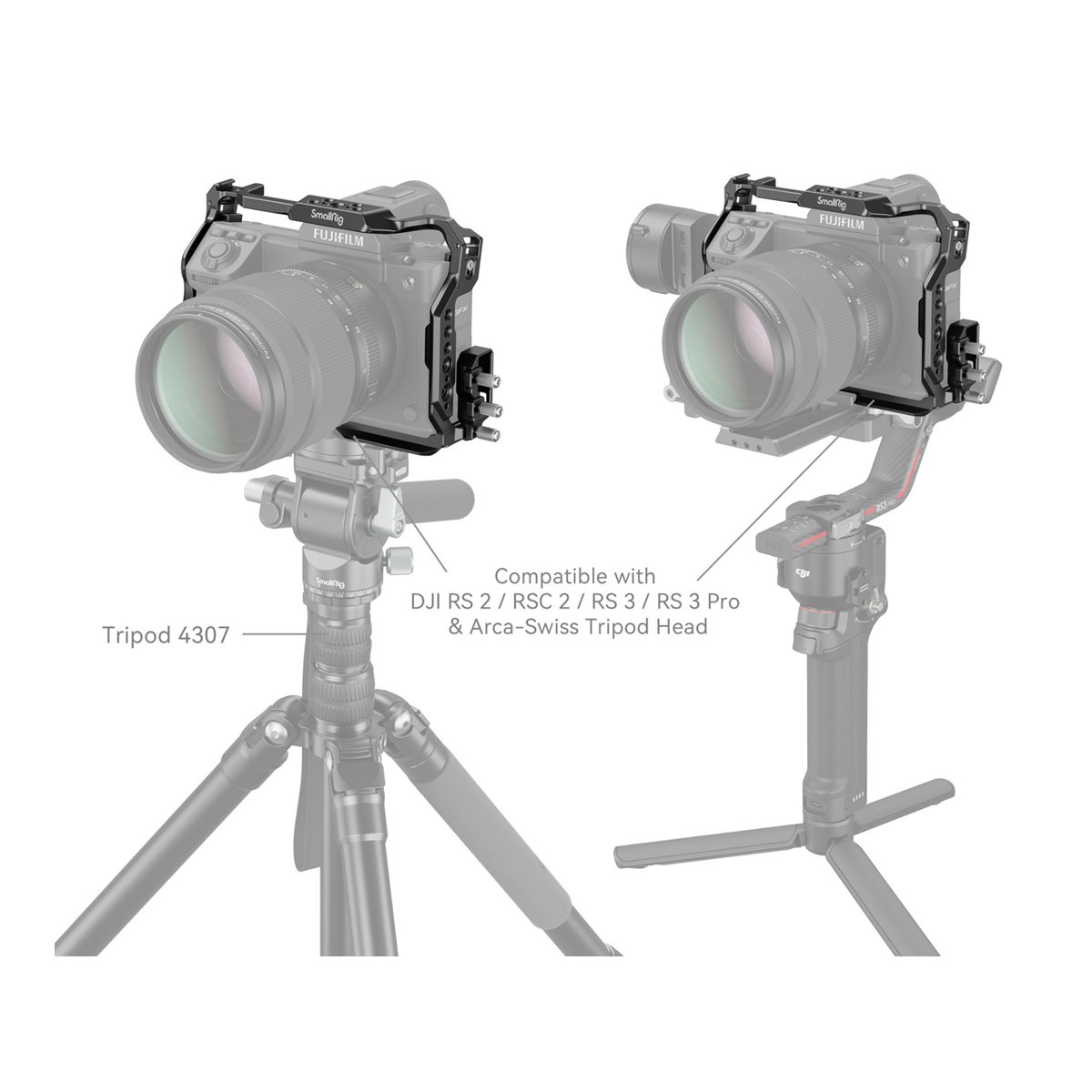 SmallRig 4201B Cage Kit für Fujifilm GFX100 II - Anwendungsbeispiel: Kamera mit Cage auf Stativ und Gimbal, zeigt Kompatibilität mit DJI RS und Arca-Swiss