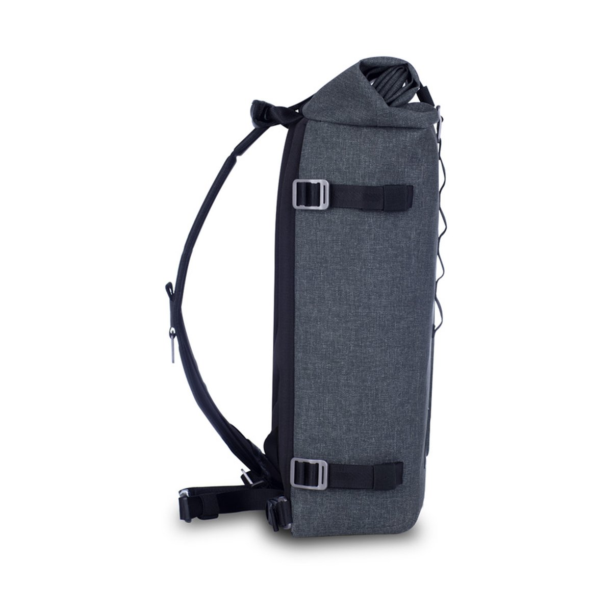 F-Stop DYOTA 11 Battleship (dunkelgrau) - Seitenansicht des dunkelgrauen Rucksacks mit Schultergurten und Rollverschluss.