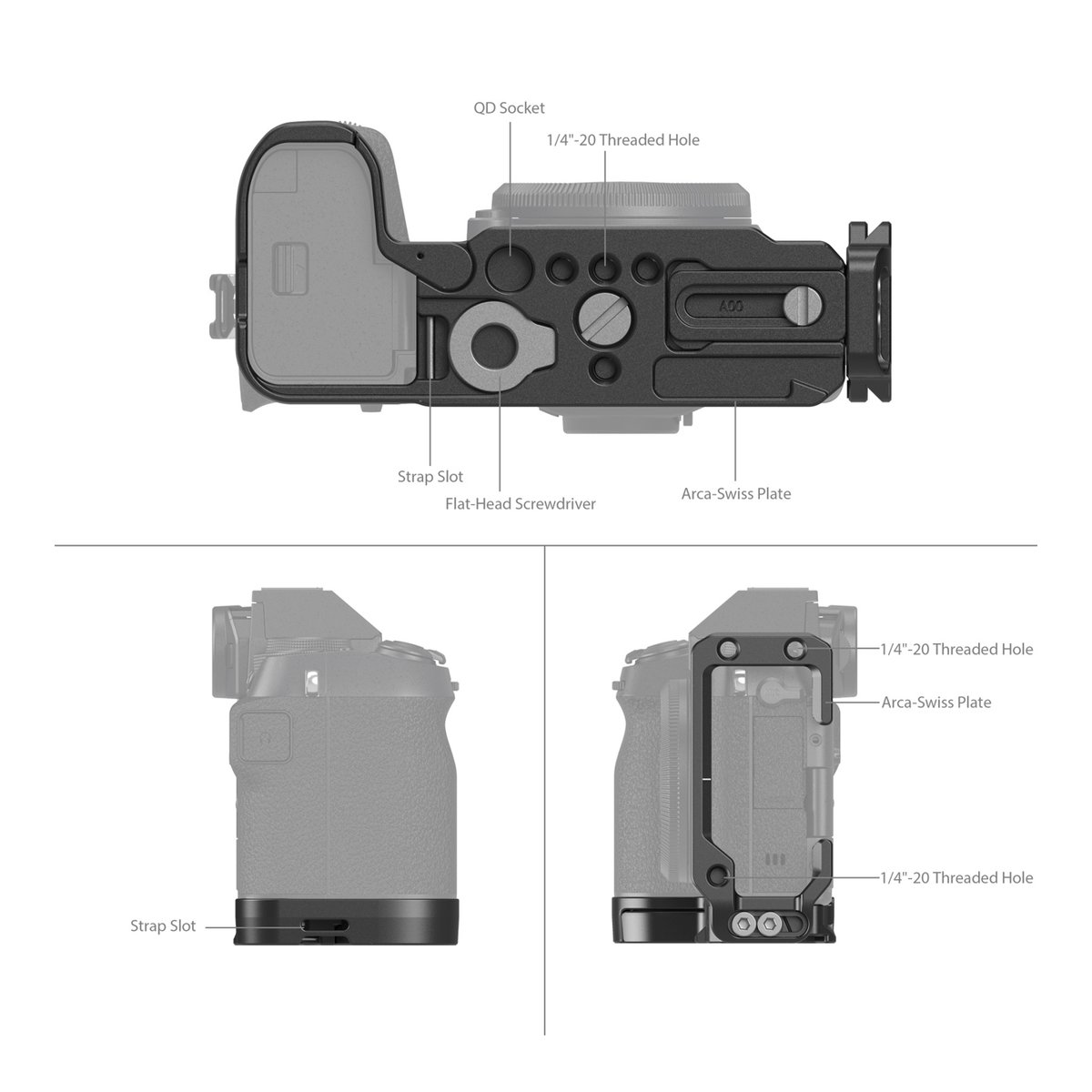 SmallRig 4231 L-Bracket für Fujifilm X-S20 - Kameraplatte: Übersicht der Befestigungspunkte, Gewinde und Arca-Swiss Platte von oben, unten und der Seite.