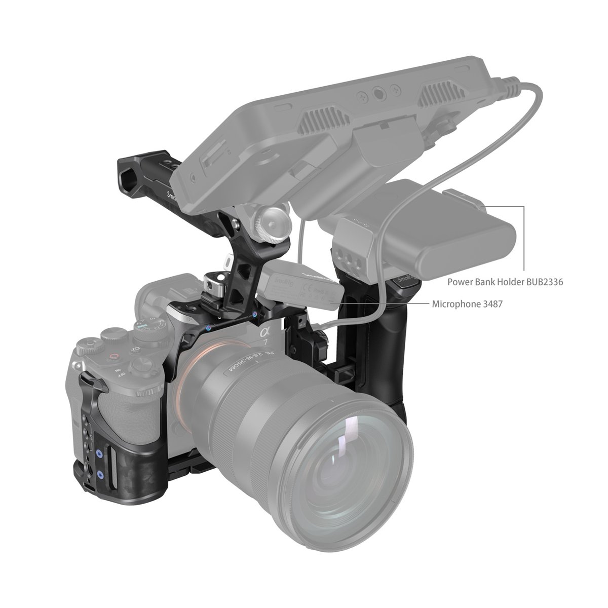 SmallRig 3710 Rhinoceros Advanced Cage Kit für Sony Alpha 7R V/IV/7S III - Anwendungsbeispiel: Kamerakäfig mit montiertem Monitor, Powerbank-Halter und Mikrofon