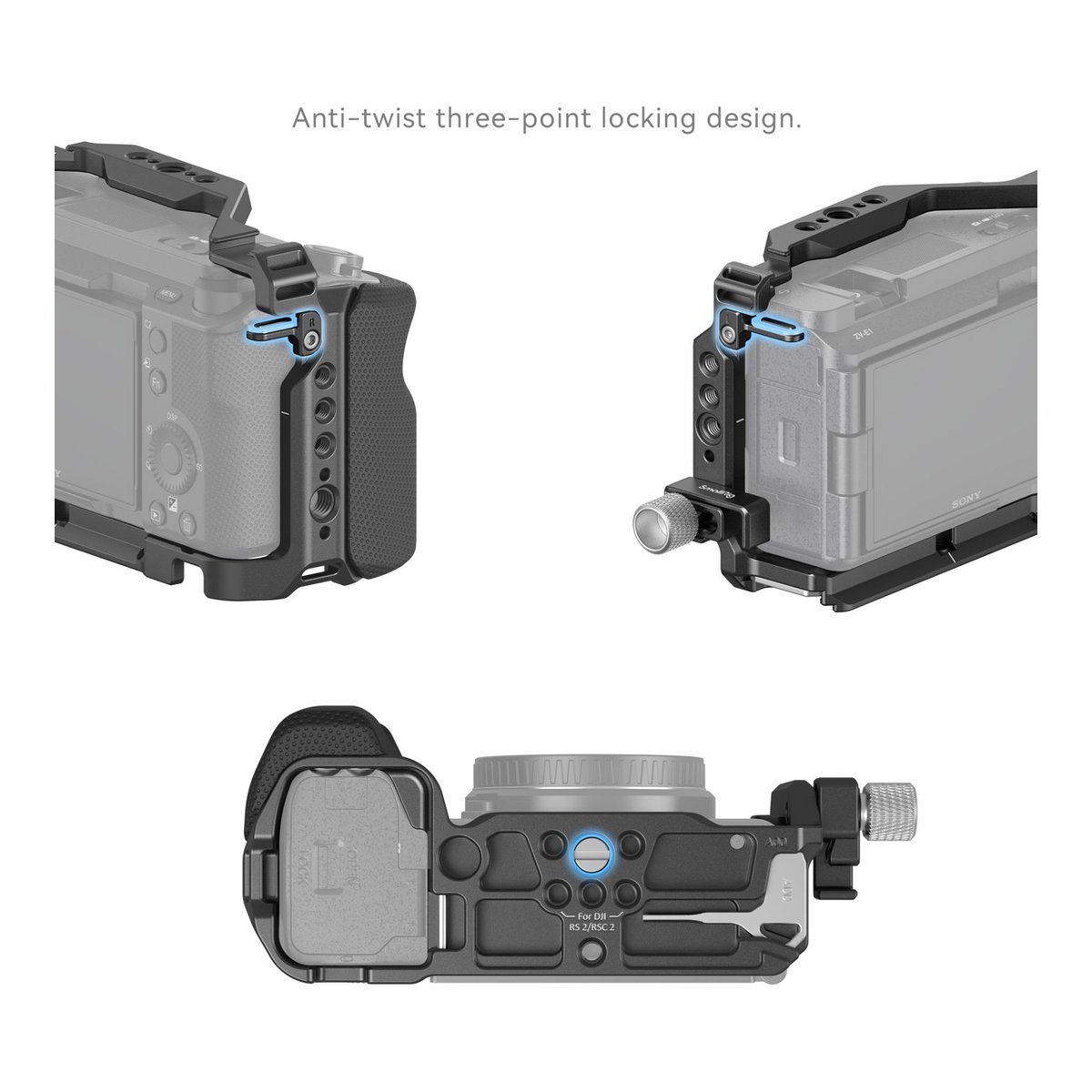 SmallRig 4257 Cage Kit Sony ZV-E1 - Detailansicht: Verdrehsichere Dreipunkt-Verriegelung des Kamera-Cages