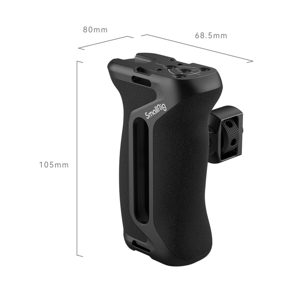 SmallRig 4346 Seitenhandgriff mit Two-in One Lokalisierungsschraube - Winkelansicht des SmallRig Kameragriffs mit Produktmaßen