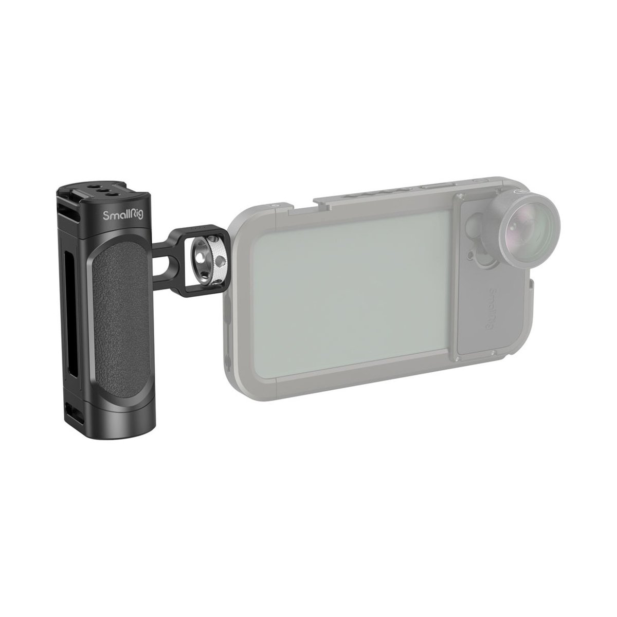 SmallRig 2772 leichter Seitengriff für Smartphone - Gesamtansicht des SmallRig Smartphone-Griffs, verbunden mit einem Rig und Objektiv.