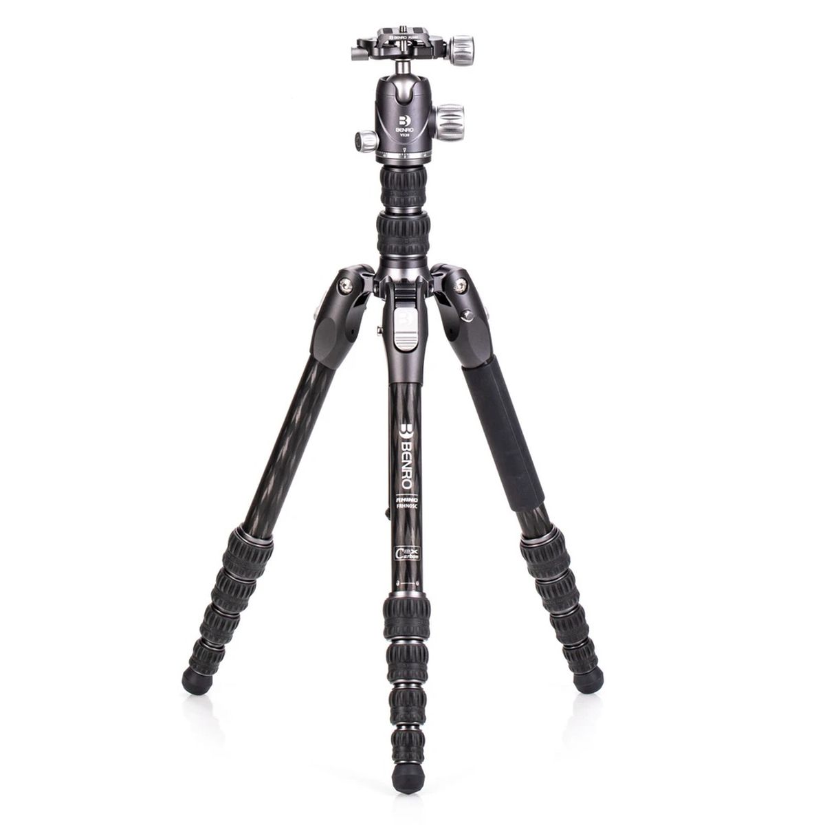 Benro Rhino Series Carbon Fibre FRHN05C + VX20 Stativkit ausgefahren mit montiertem Kugelkopf Vorderansicht