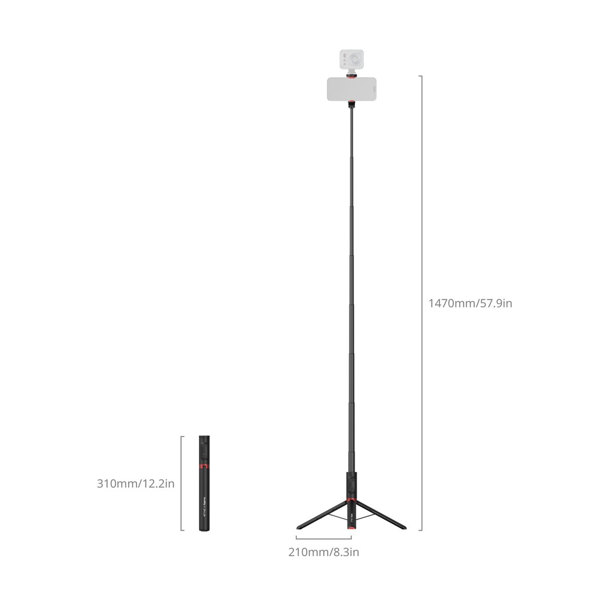 SmallRig 5292 x Drex Lee Boom Selfie Stick ST30 Lite, schwarz - Abmessungen des Selfie-Sticks/Stativs: Ausgefahrener und zusammengeklappter Zustand mit Maßangaben.