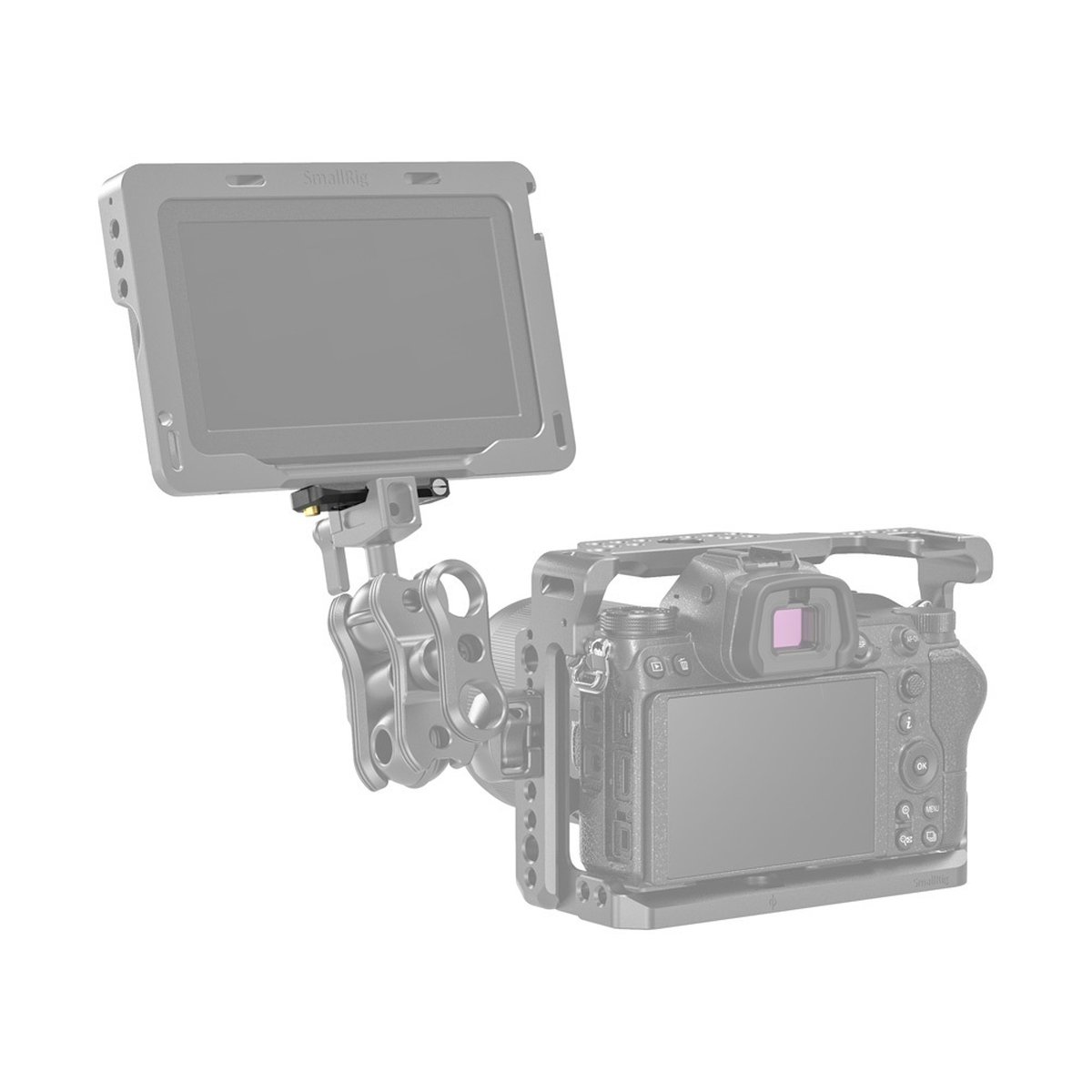 SmallRig BUN2468B NATO Rail 50 mm Lowprofile, Befestigungsschiene - Anwendungsbeispiel: Kamerakäfig mit montiertem externen Monitor über Gelenkarm. SmallRig BUN2468B NATO Rail 50 mm Lowprofile, Befestigungsschiene - Anwendungsbeispiel: Kamerakäfig mit montiertem externen Monitor über Gelenkarm.