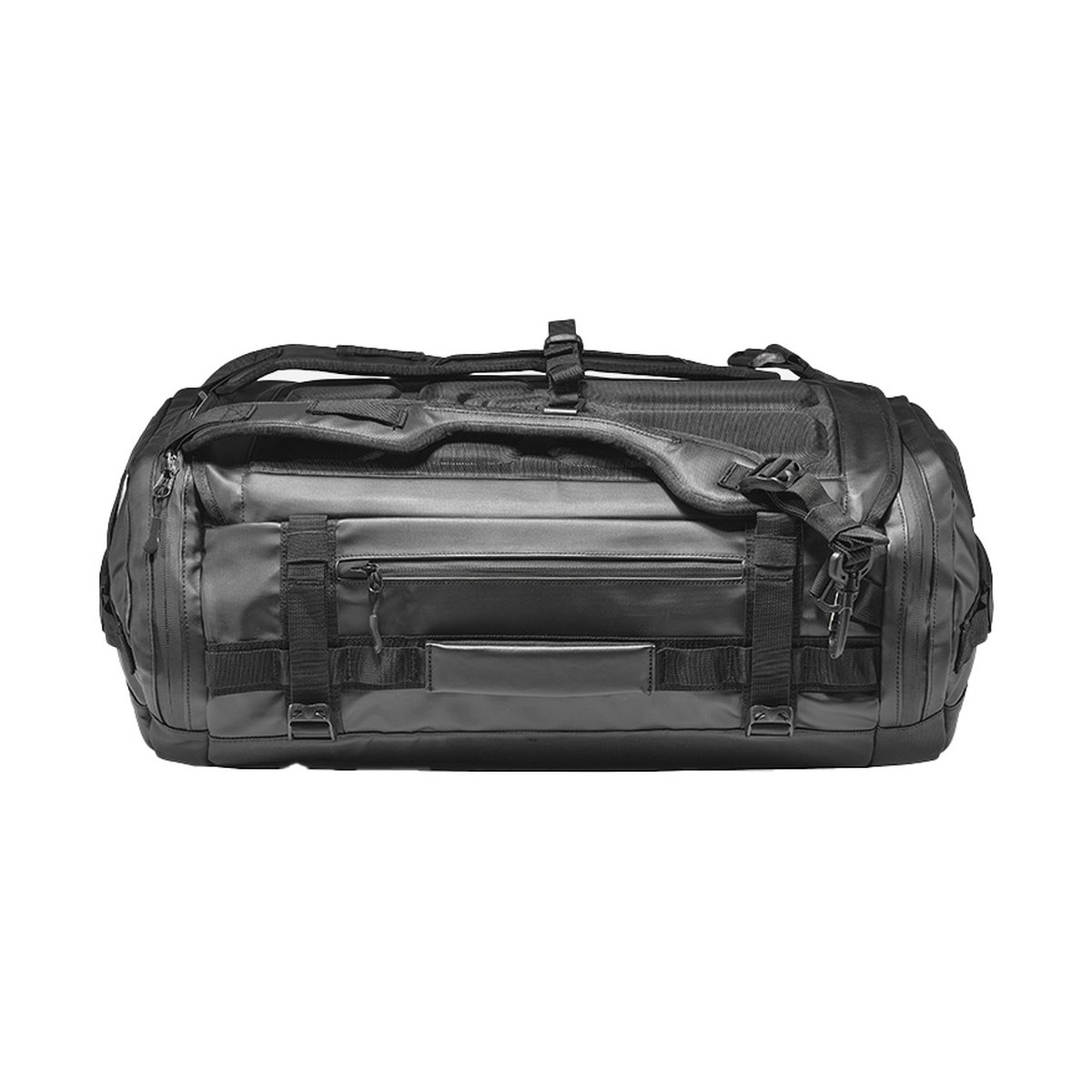 WANDRD HEXAD CARRYALL DUFFEL 60-Liter Black - Frontansicht einer schwarzen Duffelbag mit Tragegriffen, Schultergurt und Reißverschlussfach.