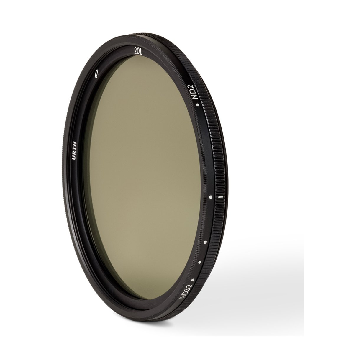 Urth 67mm ND2-32 (1-5 Stop) Variable ND Objektivfilter (Plus+) - Urth 67mm variabler ND-Filter, schräg von oben mit Beschriftung URTH und ND-Werten