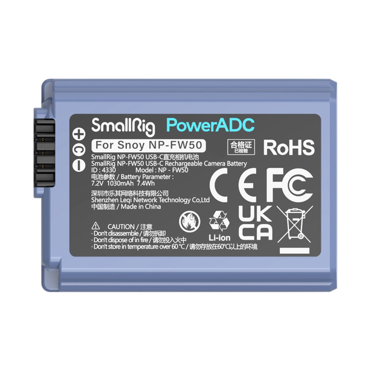 SmallRig 4330 NP-FW50 USB-C (Sony) aufladbare Kamerabatterie - Frontansicht des SmallRig PowerADC NP-FW50 USB-C Akkus