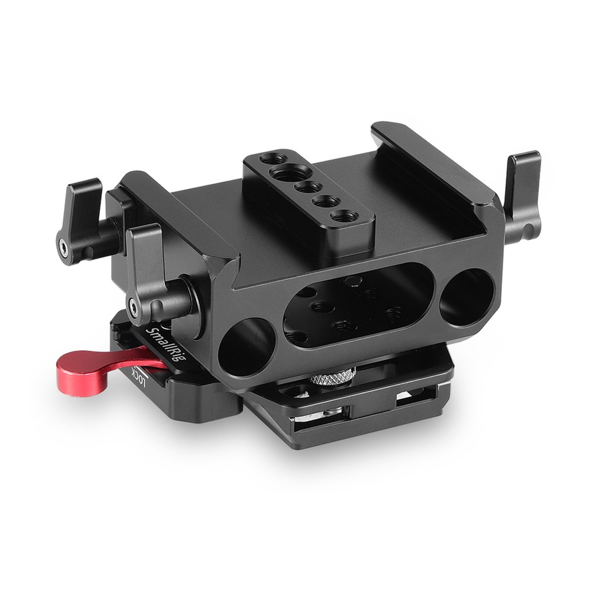 SmallRig Grundplatte 2266B f. BMPCC4K/6K (Manfrotto 501PL kompatibel) - Schrägansicht der schwarzen SmallRig Multifunktions-Kamerahalterung.