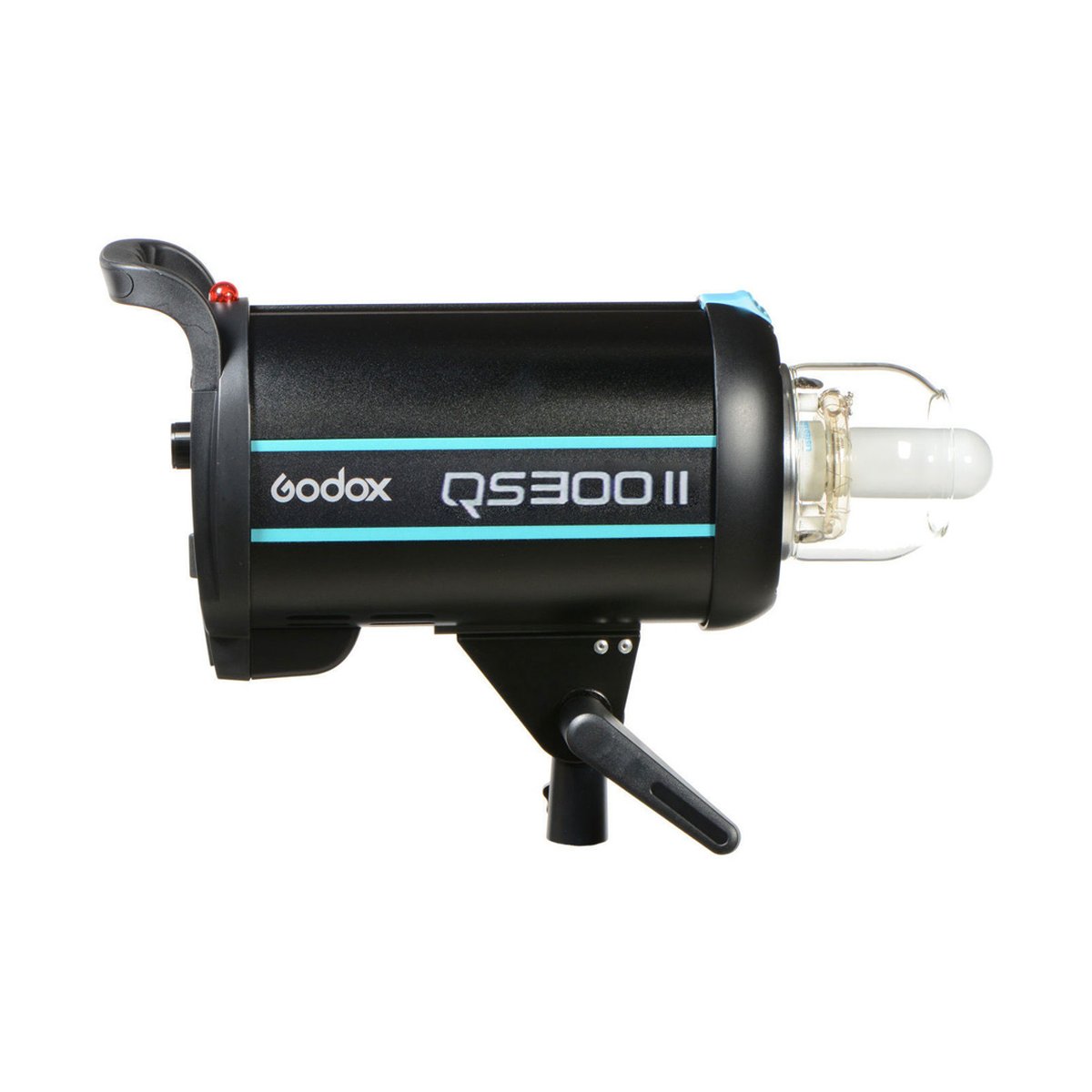 Godox QS300II High Performance Kit - Seitenansicht des schwarzen Godox QS300 II Studioblitzes mit blauer Linie und Blitzröhre.