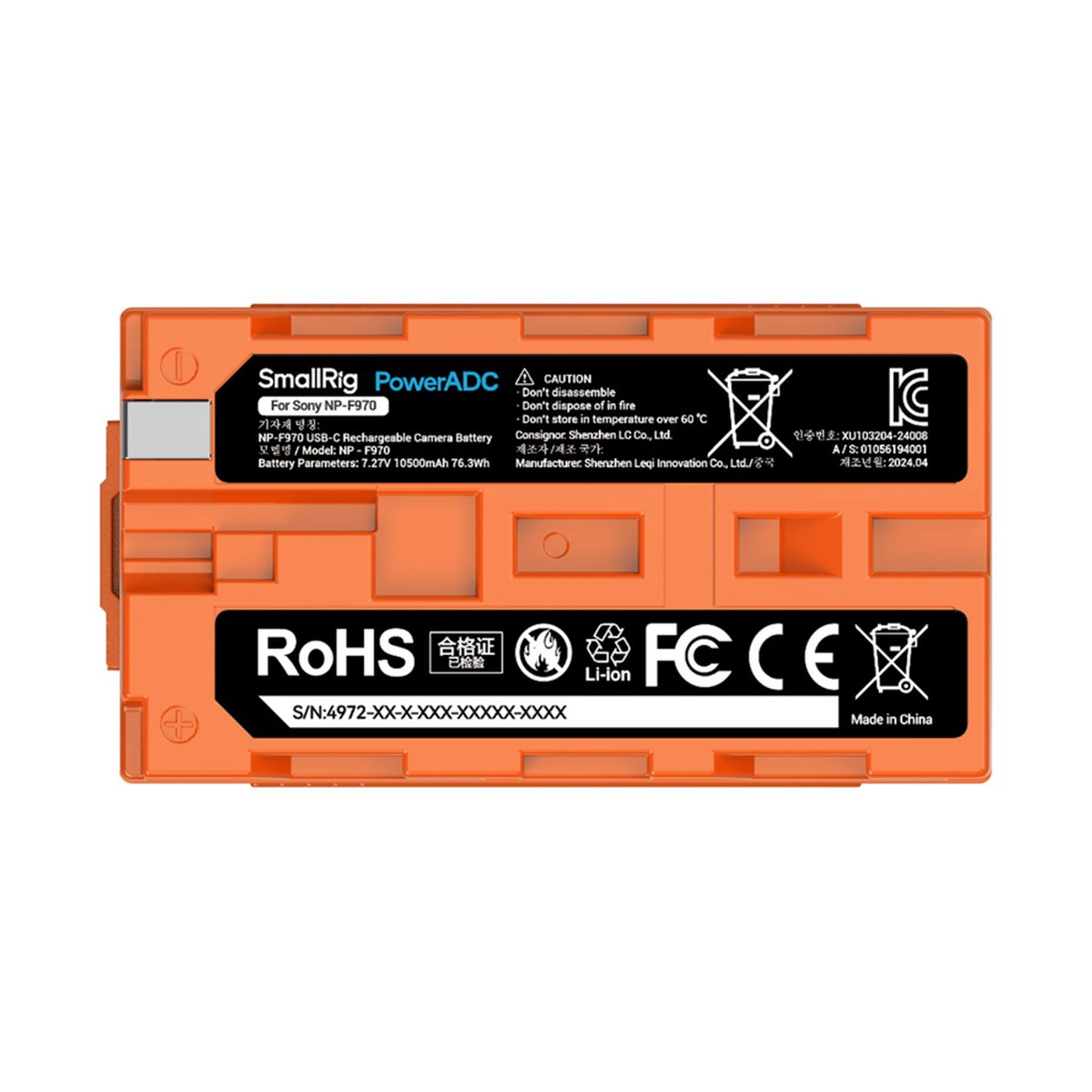 SmallRig 4972 NP-F970 USB-C Rechargeable Camera Battery (Orange) - 1. Detailansicht des Spezifikationslabels der orangefarbenen SmallRig PowerADC NP-F970 Batterie.
