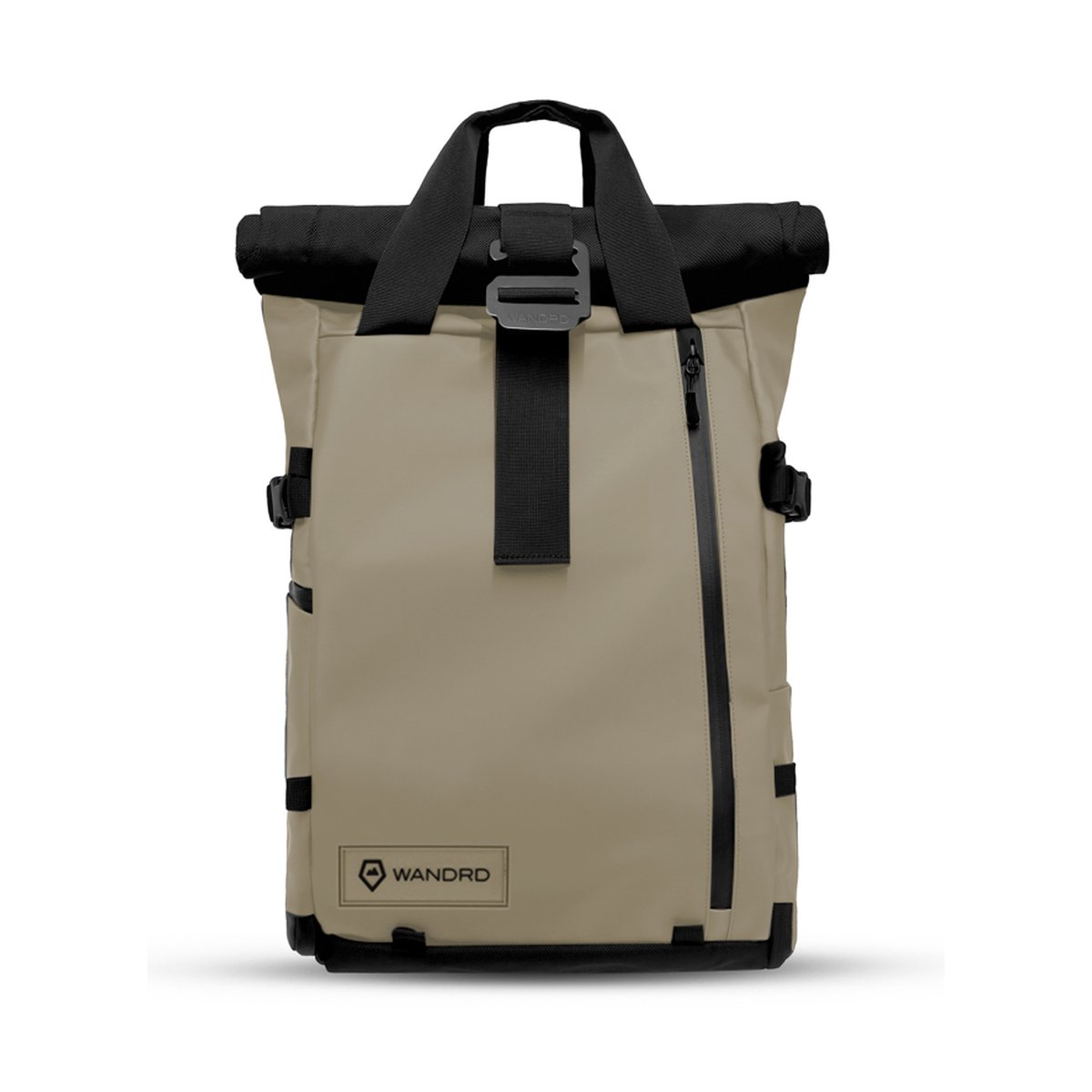 WANDRD PRVKE 21-Liter Tan Photo Bundel V3 - Beige-schwarzer Roll-Top-Rucksack, Frontansicht WANDRD PRVKE 21-Liter Tan Photo Bundel V3 - Beige-schwarzer Roll-Top-Rucksack, Frontansicht