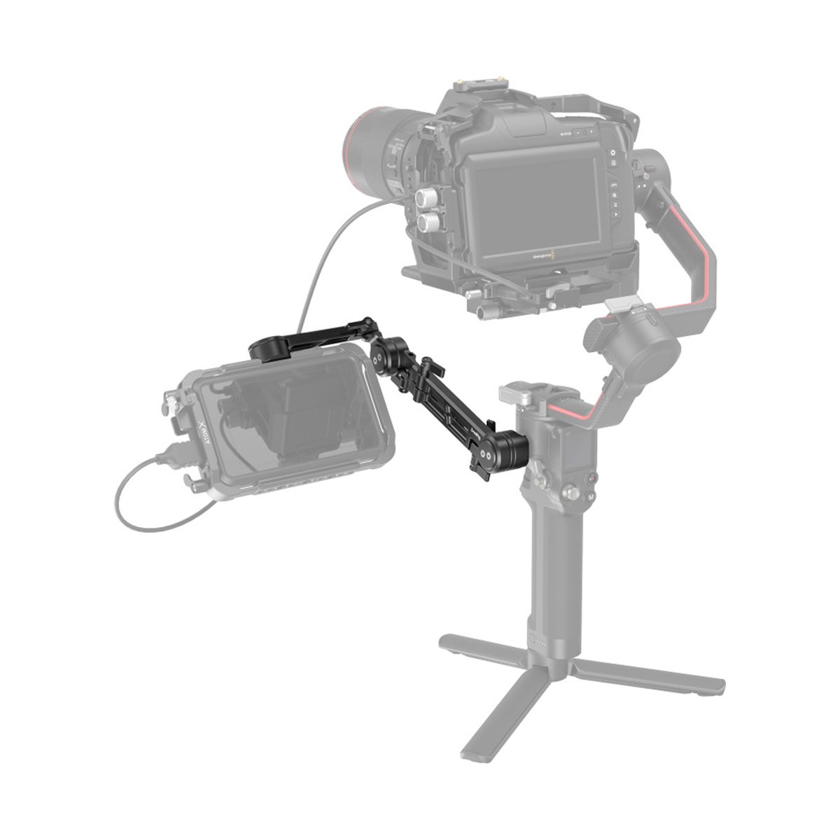 SmallRig 3507 Verstellbare EVF-Halterung mit NATO-Klemme - Anwendungsbeispiel: Gelenkarm befestigt externen Monitor an Kameragimbal. SmallRig 3507 Verstellbare EVF-Halterung mit NATO-Klemme - Anwendungsbeispiel: Gelenkarm befestigt externen Monitor an Kameragimbal.