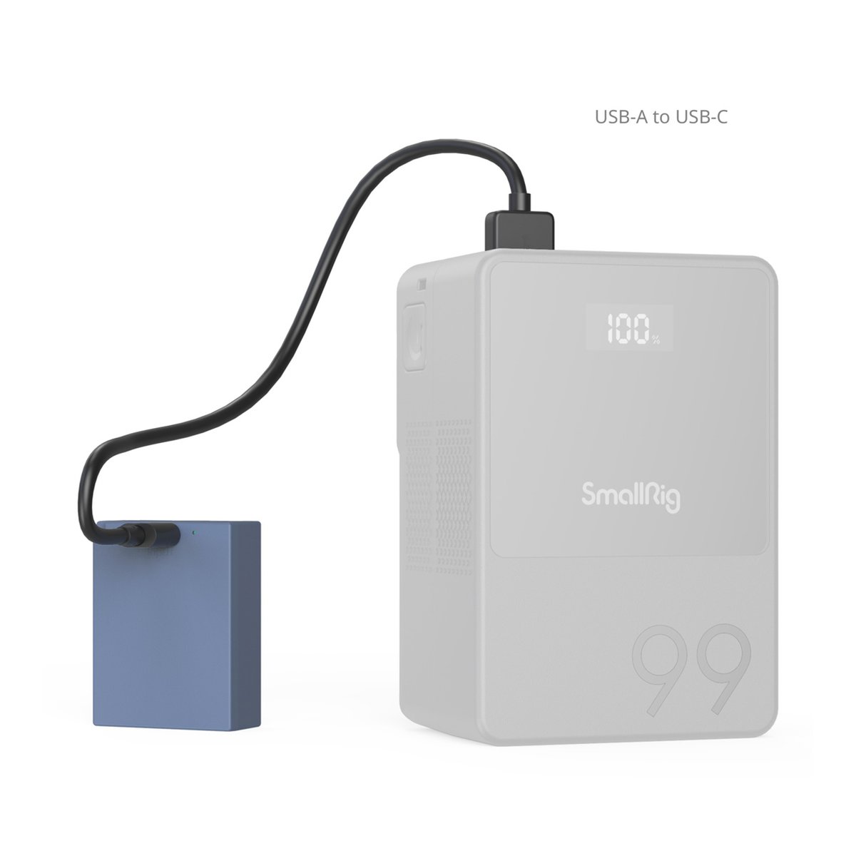 SmallRig 5062 NPW126S USB-C Rechargeable Camera Battery, Li-Ion Akku blau - Anwendungsbeispiel: USB-A zu USB-C Kabel verbindet SmallRig Powerbank mit externem Gerät.