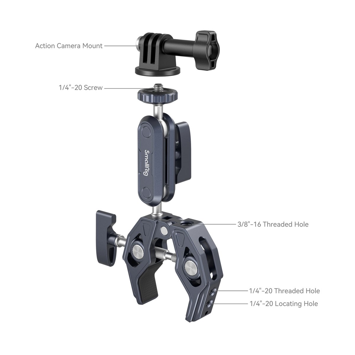 SmallRig 3757B Crab Shaped Clamp mit Kugelkopf Magic Arm - Aufbauansicht einer SmallRig Superklemme mit Gelenkarm und Action-Cam-Halterung, mit Beschriftungen für Schrauben und Gewinde.