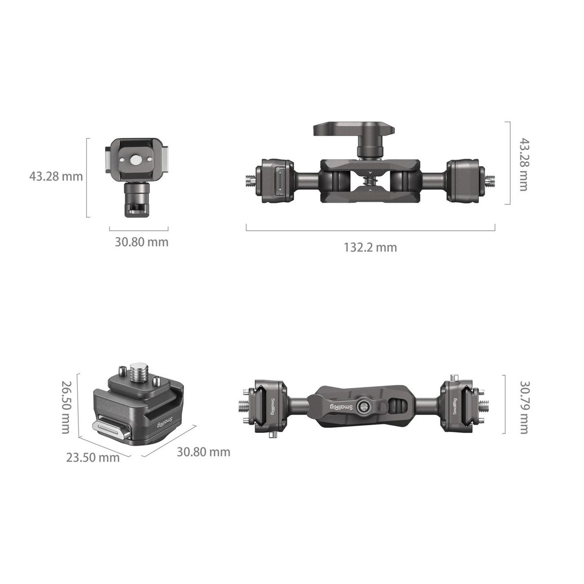 SmallRig 4488 HawkLock H21 QR Magic Arm mit Ball Head - Maße und Ansichten verschiedener Kamerazubehör-Komponenten. SmallRig 4488 HawkLock H21 QR Magic Arm mit Ball Head - Maße und Ansichten verschiedener Kamerazubehör-Komponenten.