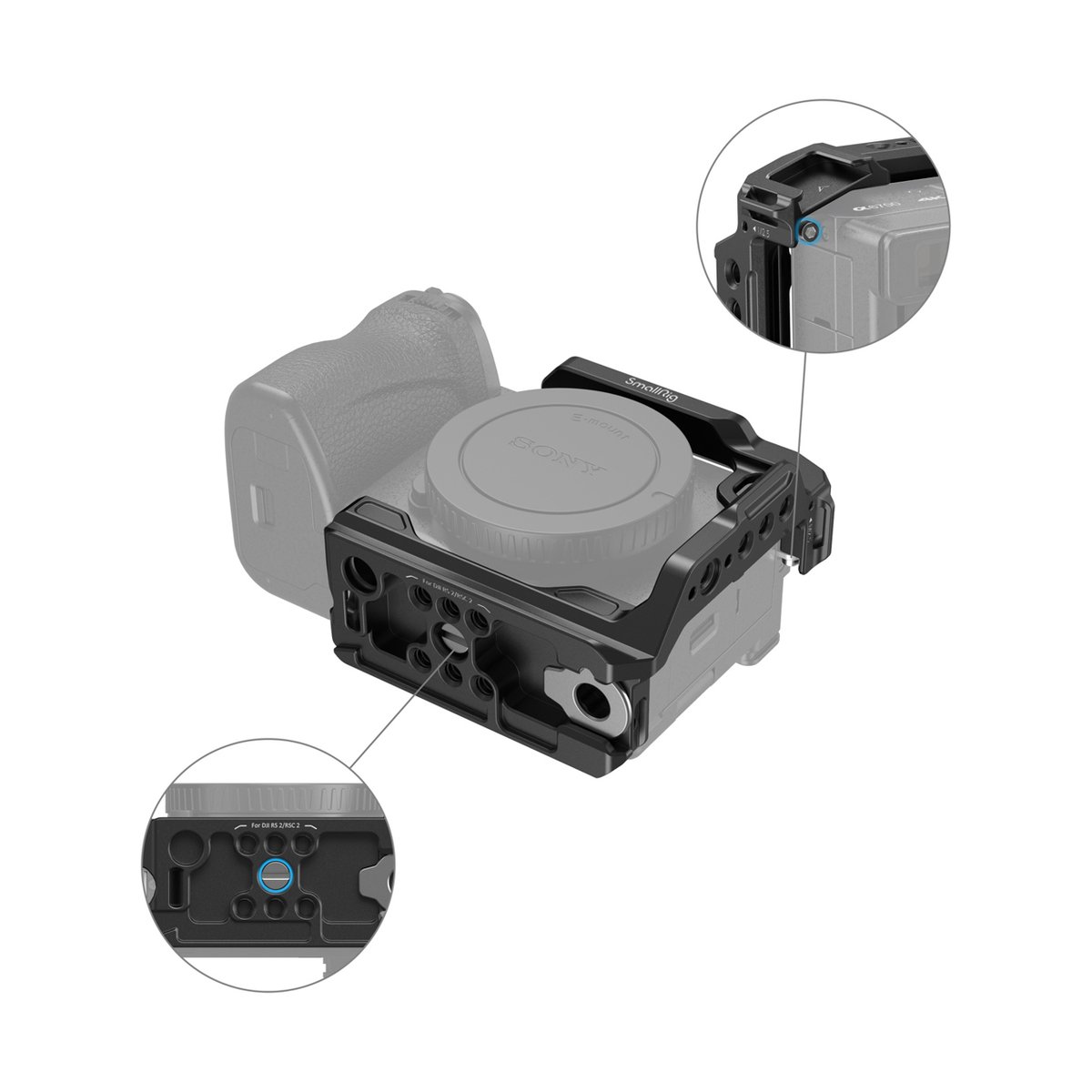 SmallRig 4337 Half Cage für Sony Alpha 6700/6600/6500/6400 - Kamera-Cage auf Kamera mit Detailansichten der Befestigungspunkte (Blitzschuh & Gimbal).
