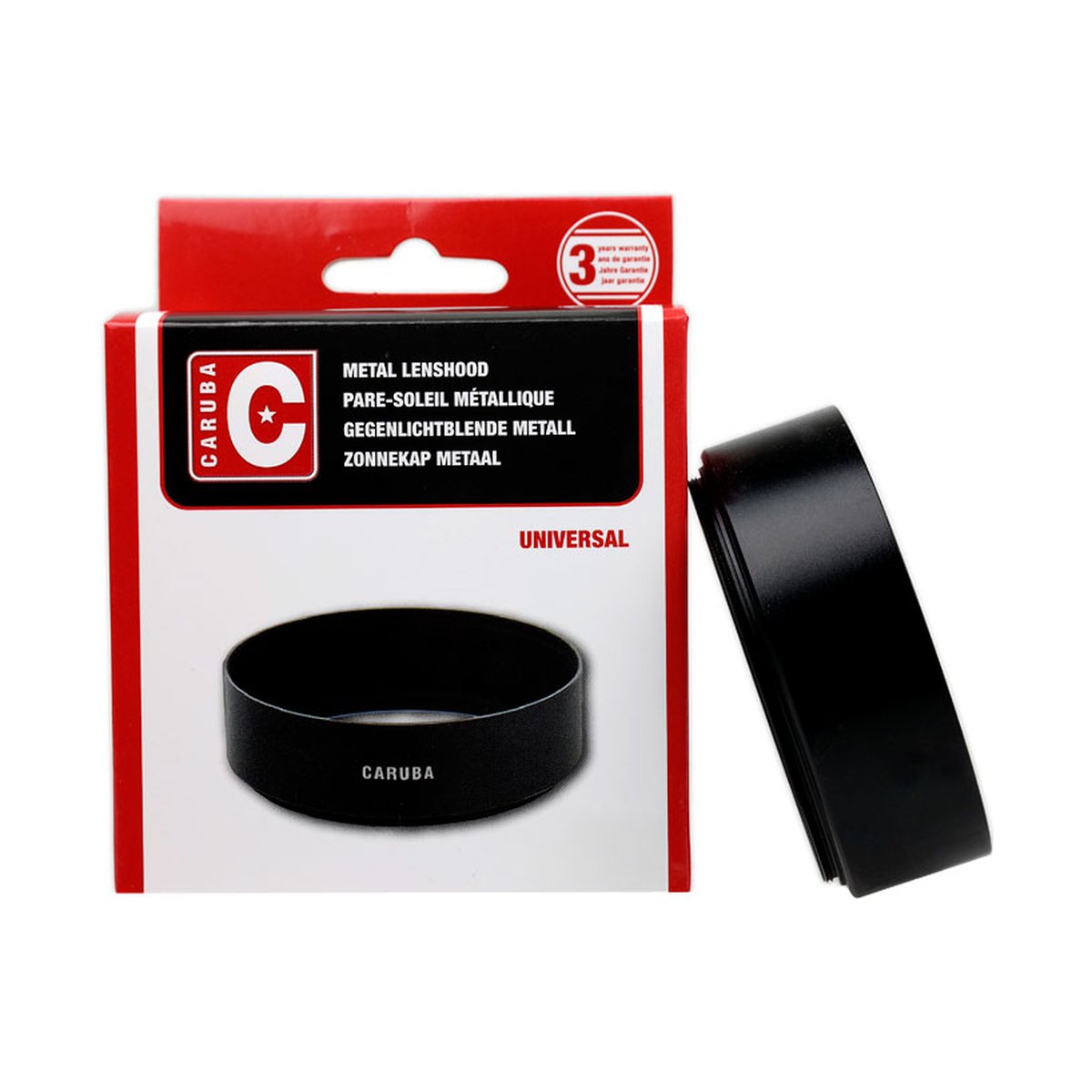 Caruba Metall Standard 82mm - Lieferumfang: Schwarze Metall-Gegenlichtblende und die Verpackung.