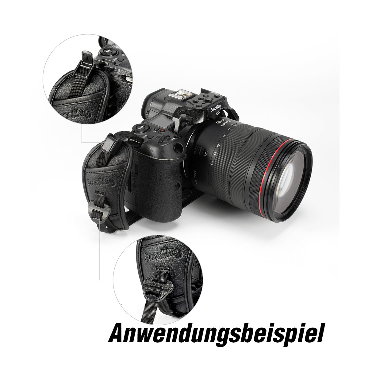 SmallRig 3848 black Mamba Handschlaufe - Anwendungsbeispiel: Kamera-Handschlaufe an Digitalkamera, inklusive Detailansichten der Befestigung. SmallRig 3848 black Mamba Handschlaufe - Anwendungsbeispiel: Kamera-Handschlaufe an Digitalkamera, inklusive Detailansichten der Befestigung.