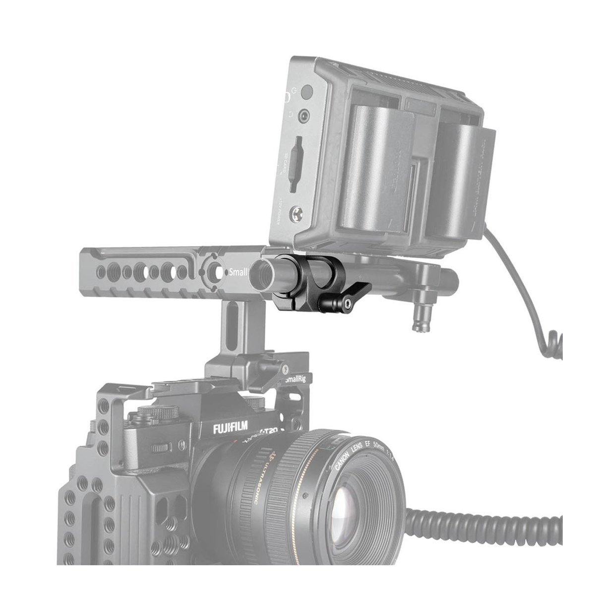 SmallRig 1995 Stangenklemme 15 mm - Detailansicht der Monitorhalterung am Kamerarig