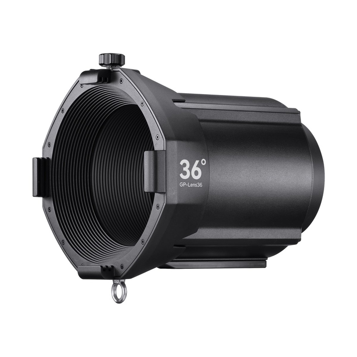 Godox GP36K Spotlight Attachment for KNOWLED MG1200Bi LED Light - Schwarzes 36° Projektionsobjektiv GP-Lens36, Front-Seitenansicht.