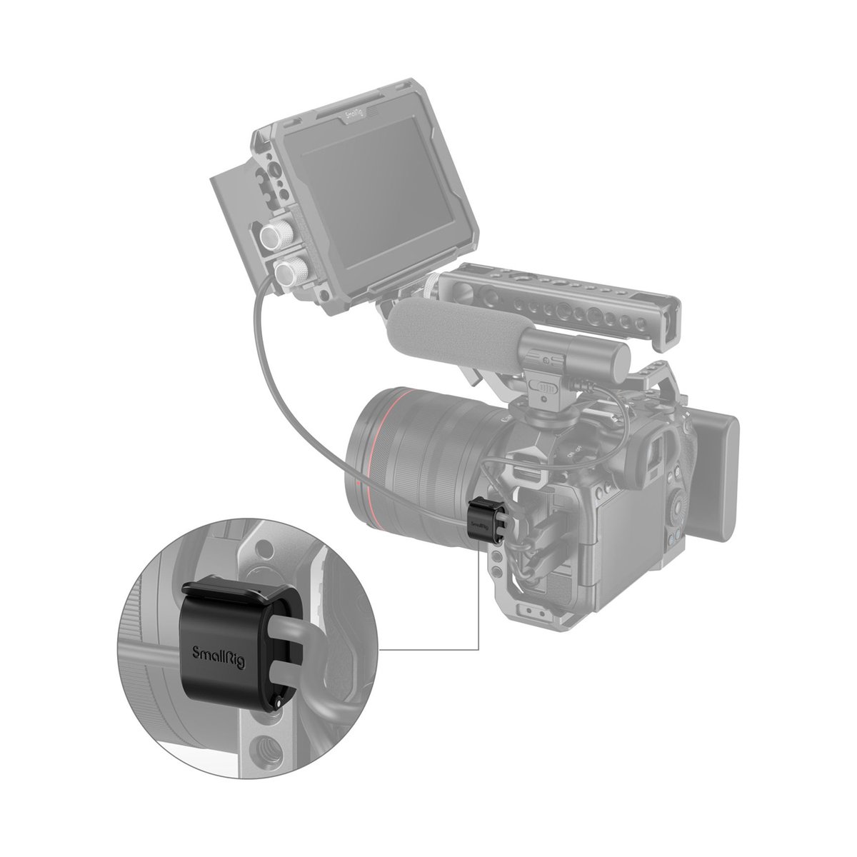 SmallRig 3685 Kamera-Kabelklemme - Anwendungsbeispiel: Kabelklemme am Kameragehäuse zur Kabelorganisation, mit Detailansicht SmallRig 3685 Kamera-Kabelklemme - Anwendungsbeispiel: Kabelklemme am Kameragehäuse zur Kabelorganisation, mit Detailansicht