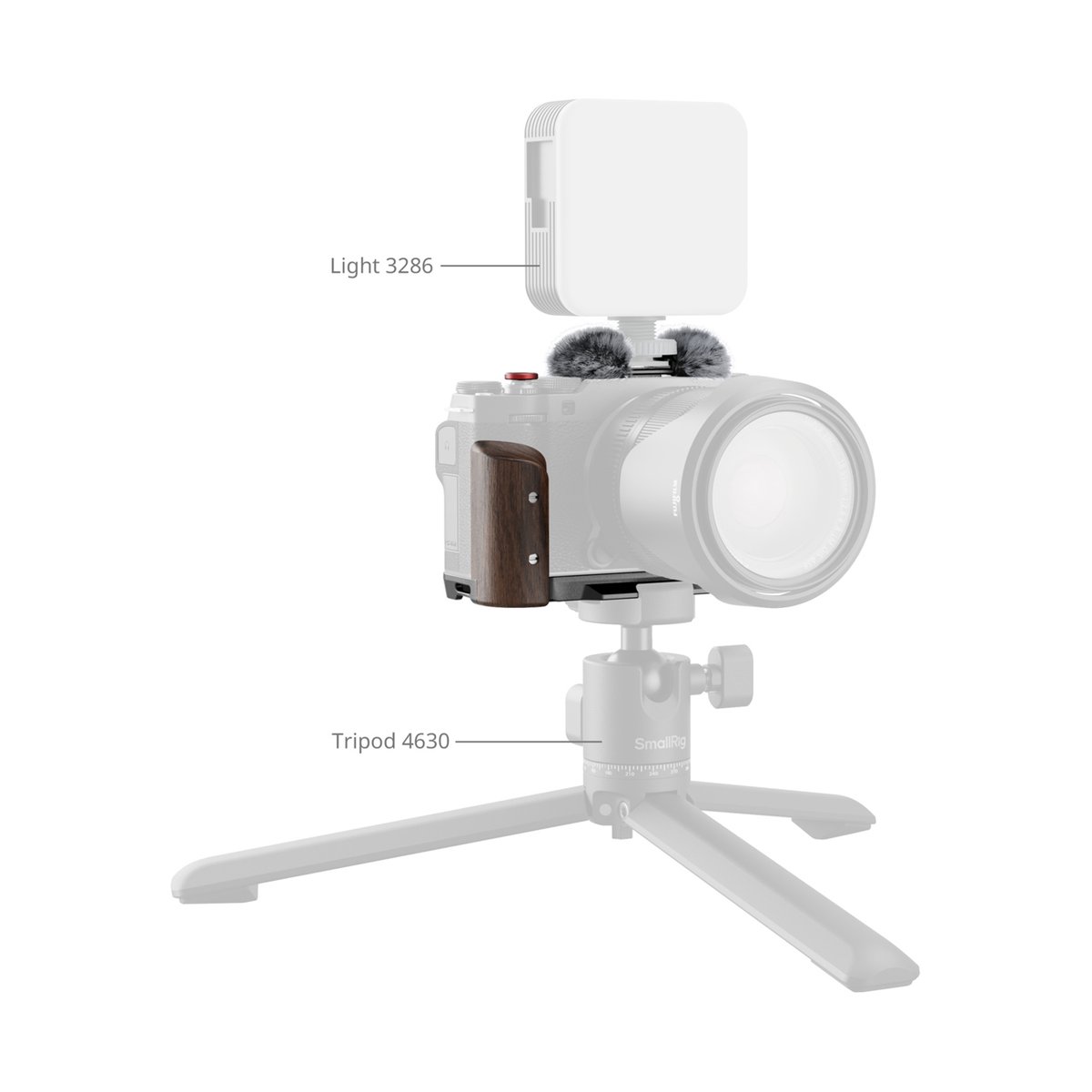 SmallRig 5260 L-förmige Montageplatte mit Holzgriff, schwarz, für FUJIFILM X-M5 - Montagebeispiel einer Kamera mit Holzgriff, Licht und Stativ.