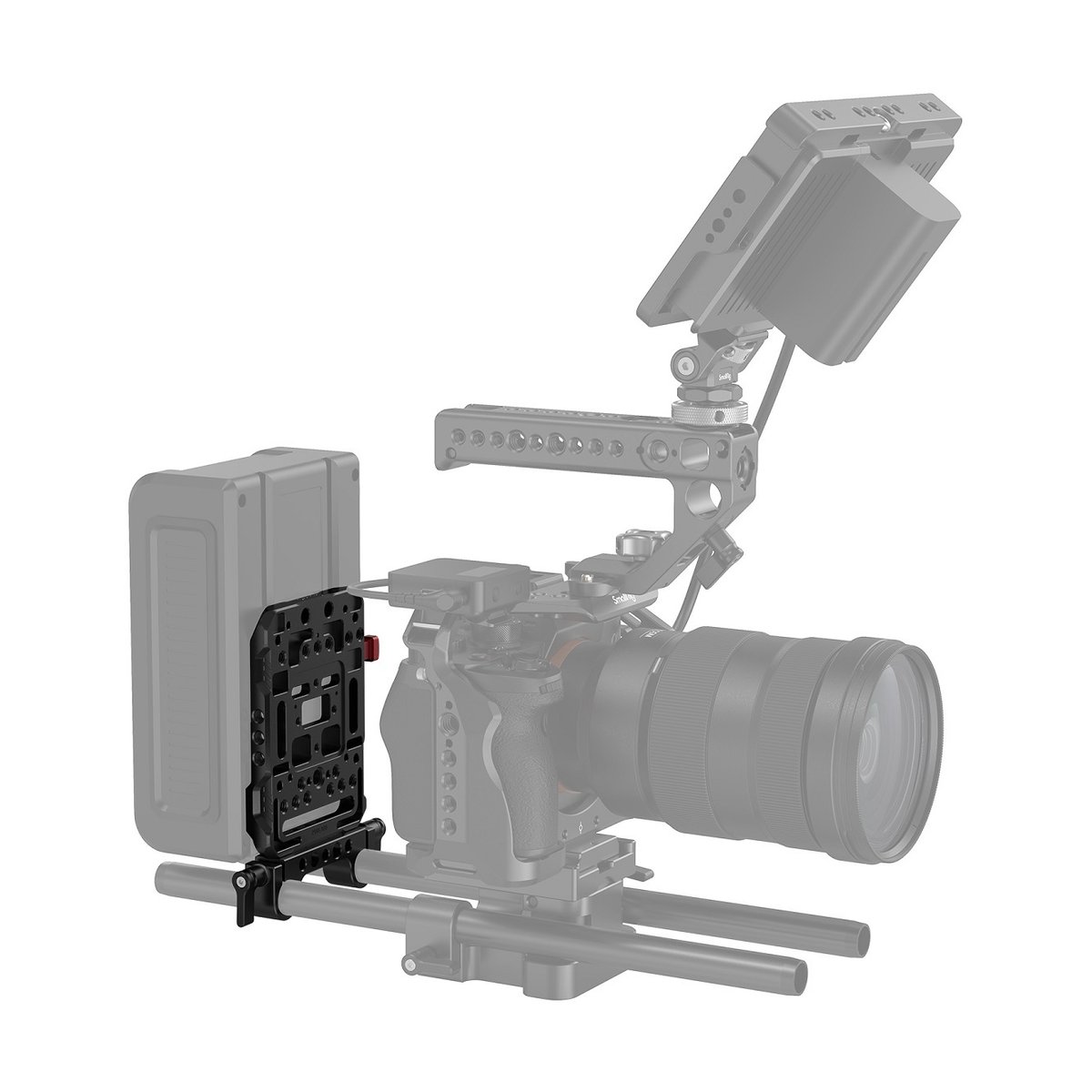 SmallRig 2991 V-Mount-Akku-Adapterplatte mit verstellbarem Arm - Anwendungsbeispiel: V-Mount Akkuplatte mit Akku an Kamera Rig