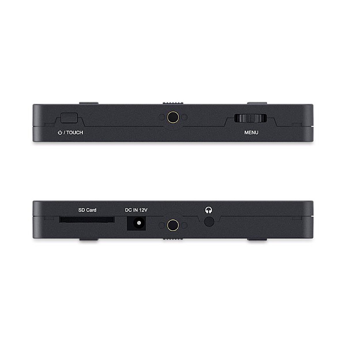 Feelworld 6" 4K F6 Plus V2 HDMI Touch Screen monitor with LUT's - Seitenansichten des Geräts mit allen Anschlüssen und Bedienelementen.