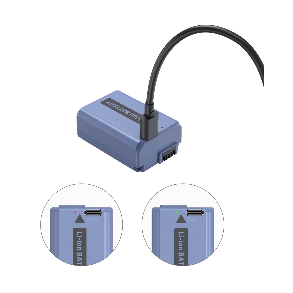 SmallRig 4330 NP-FW50 USB-C (Sony) aufladbare Kamerabatterie - Detailansicht des USB-C Ladeports und der Ladeanzeigen (rot/grün) einer Li-ion Batterie.