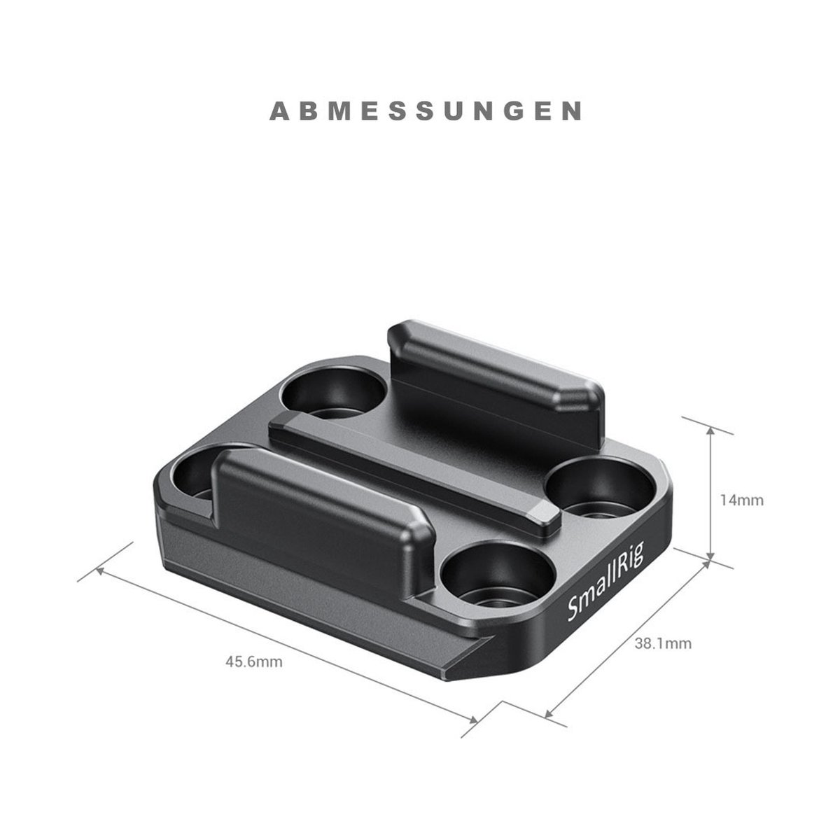 SmallRig 2668 Buckle Adapter mit Arca Quick Release Platte für GoPro Kameras - ABMESSUNGEN: Isometrische Ansicht des schwarzen SmallRig-Zubehörs mit den Maßen 45.6x38.1x14mm.