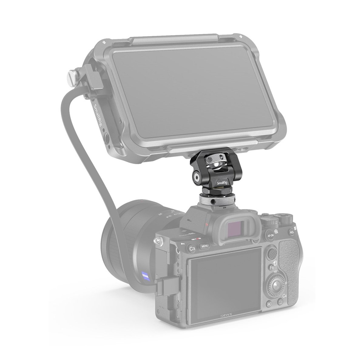 SmallRig 2905B Schwenkbare Monitor- Halterung mit Blitzschuh - Anwendungsbeispiel: Monitor mit SmallRig Halterung am Kamera-Blitzschuh befestigt, Ansicht von hinten. SmallRig 2905B Schwenkbare Monitor- Halterung mit Blitzschuh - Anwendungsbeispiel: Monitor mit SmallRig Halterung am Kamera-Blitzschuh befestigt, Ansicht von hinten.