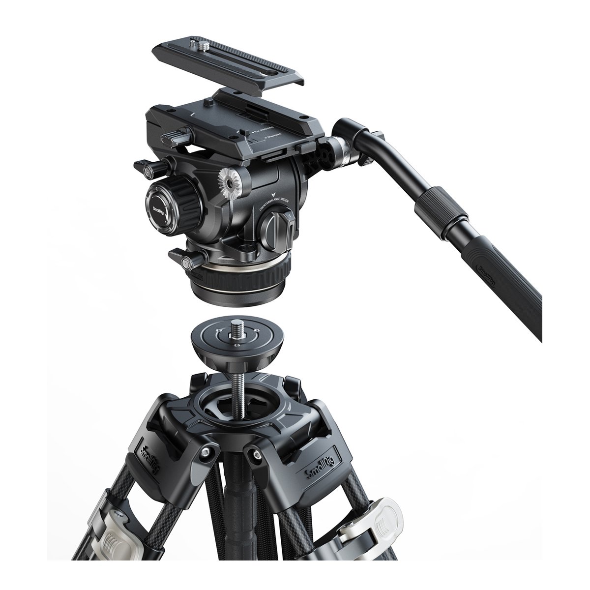 SmallRig 4463 Heavy-Duty Carbon Fiber Tripod Kit AD-120 - Explosionszeichnung eines Stativkopfs mit Schnellwechselplatte und Stativanschluss.