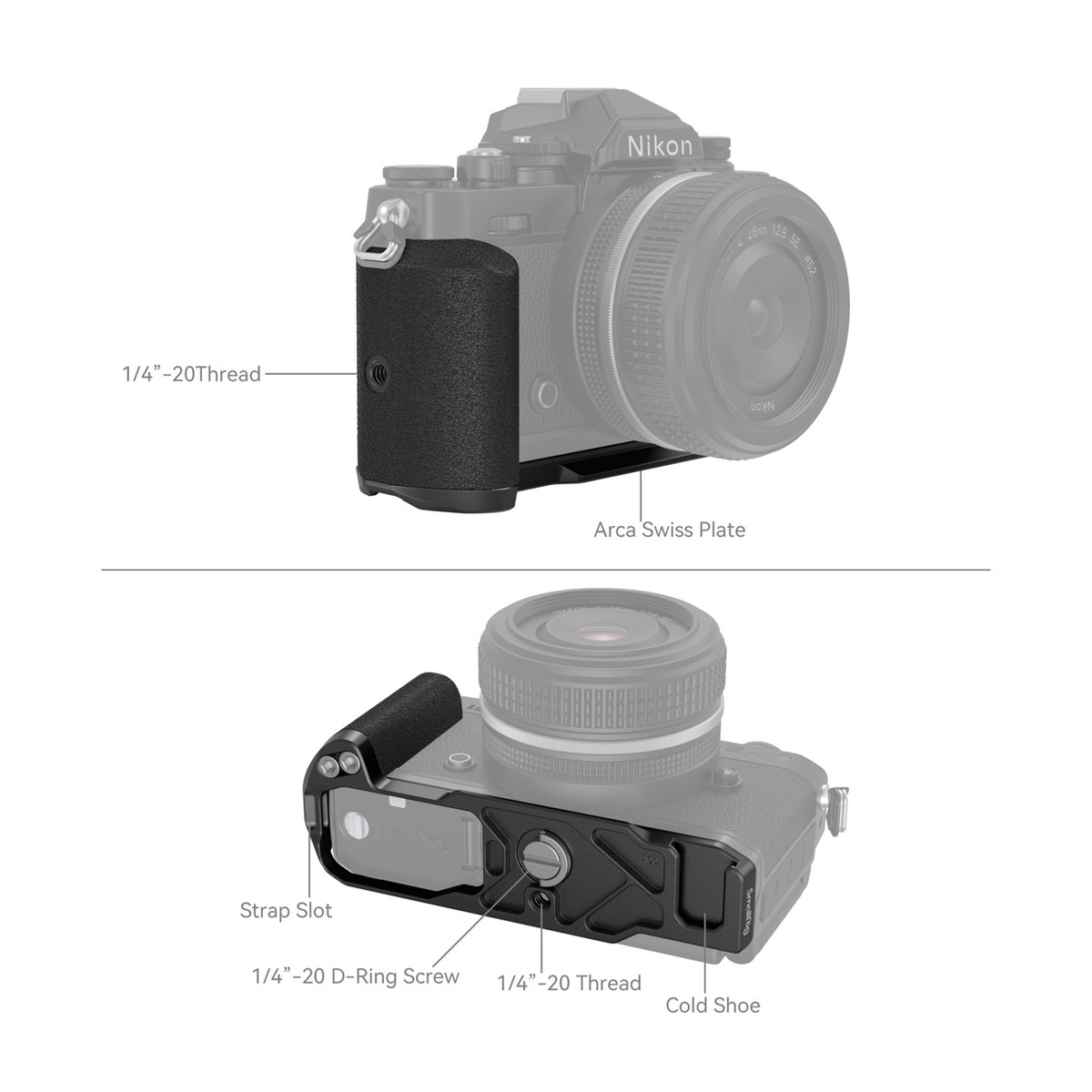 SmallRig 4263 L-Shape Grip f. Nikon Z fc schwarz - Seiten- und Unteransicht des Kameragriffs mit Arca Swiss Platte, Gewinden und Zubehöranschlüssen.