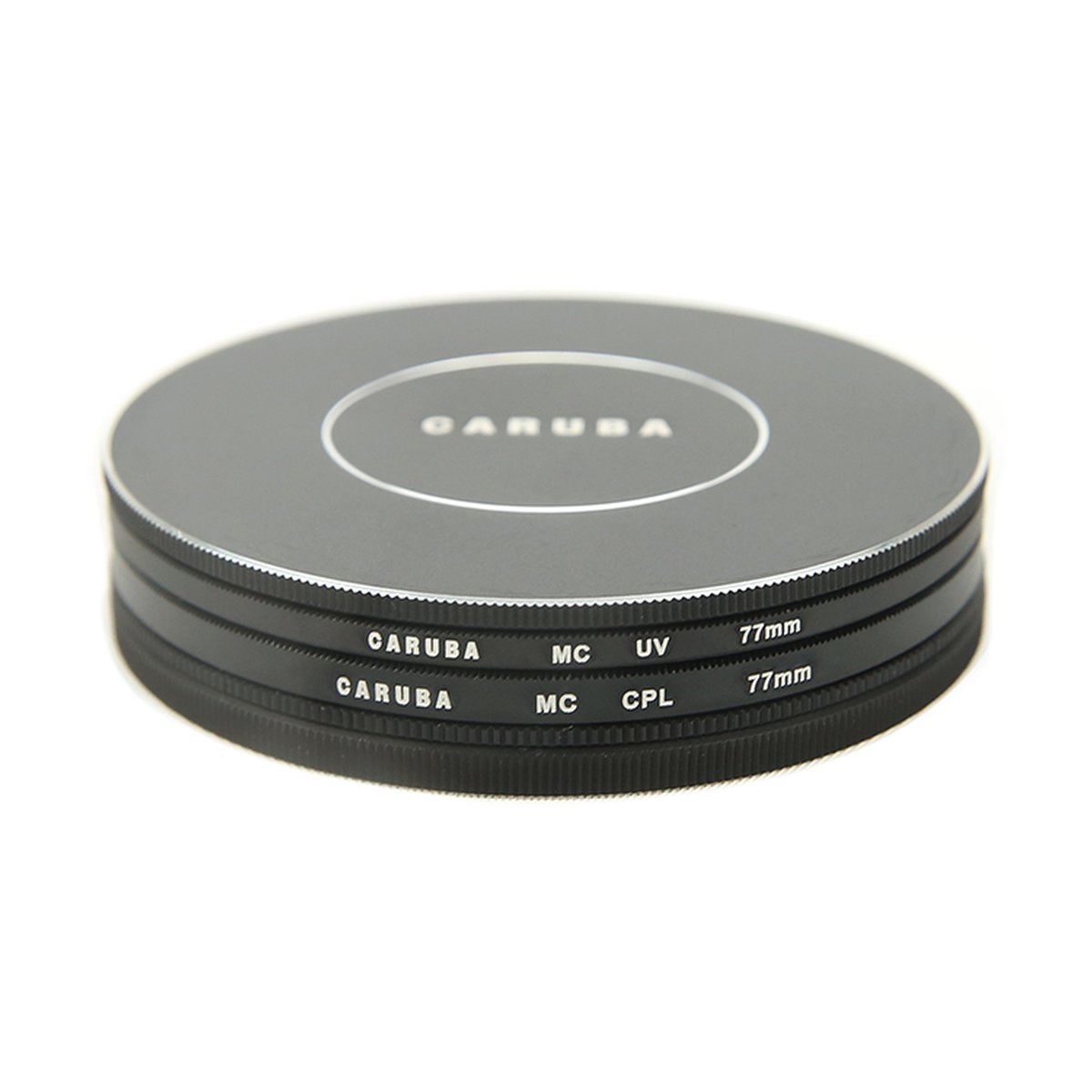 Caruba Metall Filter-Aufbewahrungsset 58mm - Lieferumfang: Zwei Caruba 77mm MC UV und MC CPL Filter.