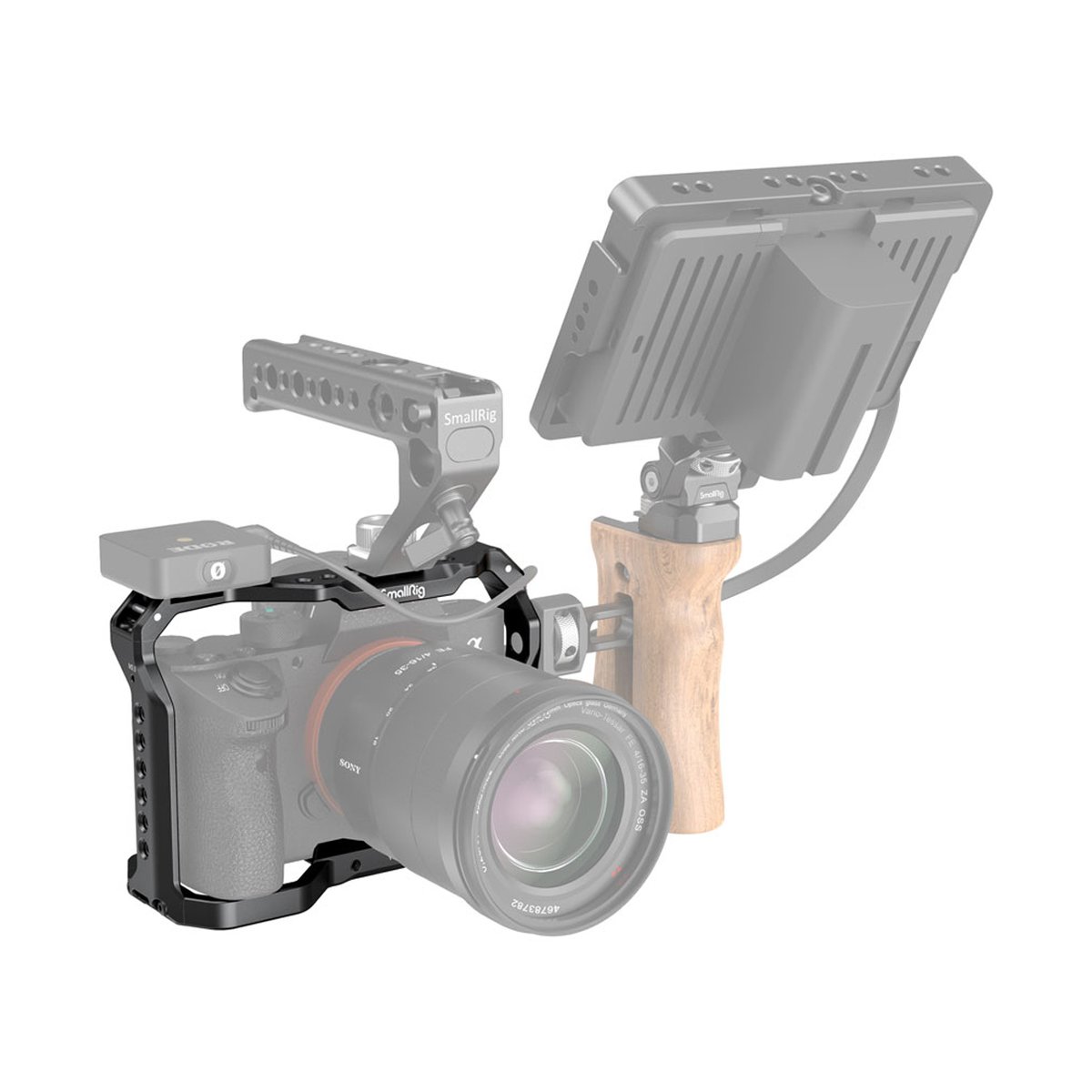 SmallRig 2918 Cage für Sony A7 III, A7R III und A9 - Gesamtansicht des Kamera-Rigs mit Cage, Top-Griff, Monitor und Holz-Seitengriff.