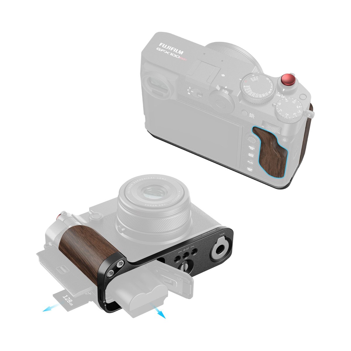 SmallRig 5266 L-Shape Mount Plate with Wooden Handle f. Fujifilm GFX100RF blk. - Anwendungsbeispiel: Kameragriff mit Holztextur und Bodenplatte, zeigt Batteriefach und SD-Kartenzugang.