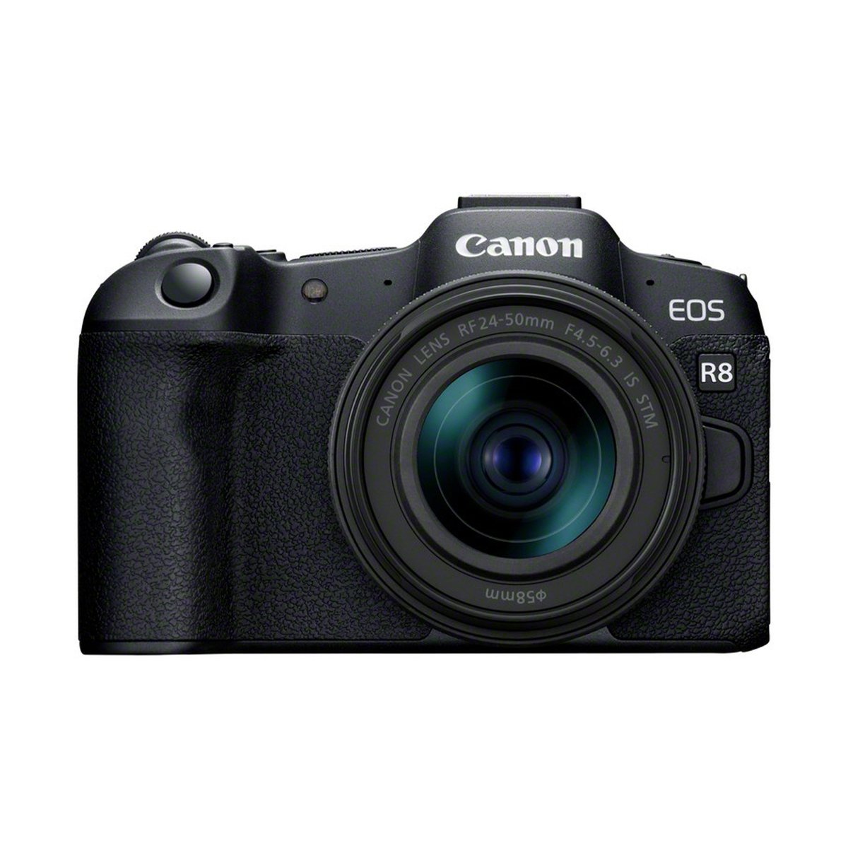 Canon EOS R8+RF 4,5-6,3/24-50 mm IS STM Kamerakit - Frontansicht der schwarzen Canon EOS R8 spiegellosen Kamera mit RF 24-50mm Objektiv.