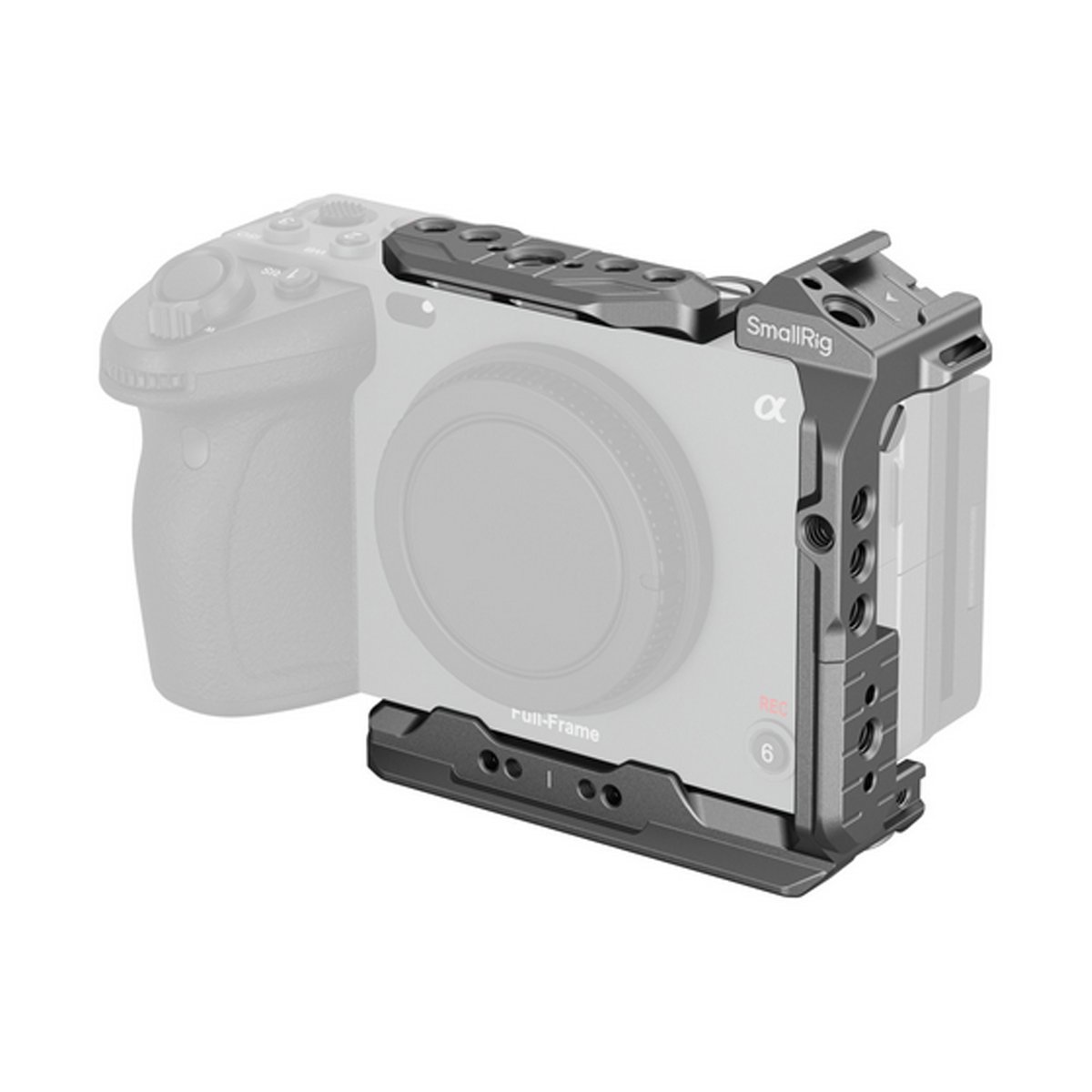 SmallRig 4772 HawkLock QR Half Cage für Sony FX3 / FX30 - Anwendungsbeispiel: SmallRig Kamera-Cage auf Kamera montiert, 3/4-Ansicht